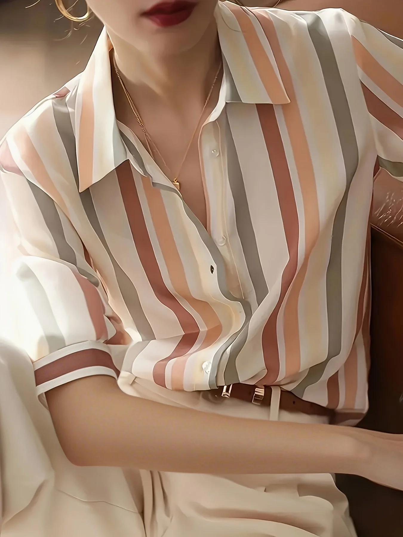 Damen Bluse Elegant Gestreift Kurzarm Büro Freizeit Stil - Image 4