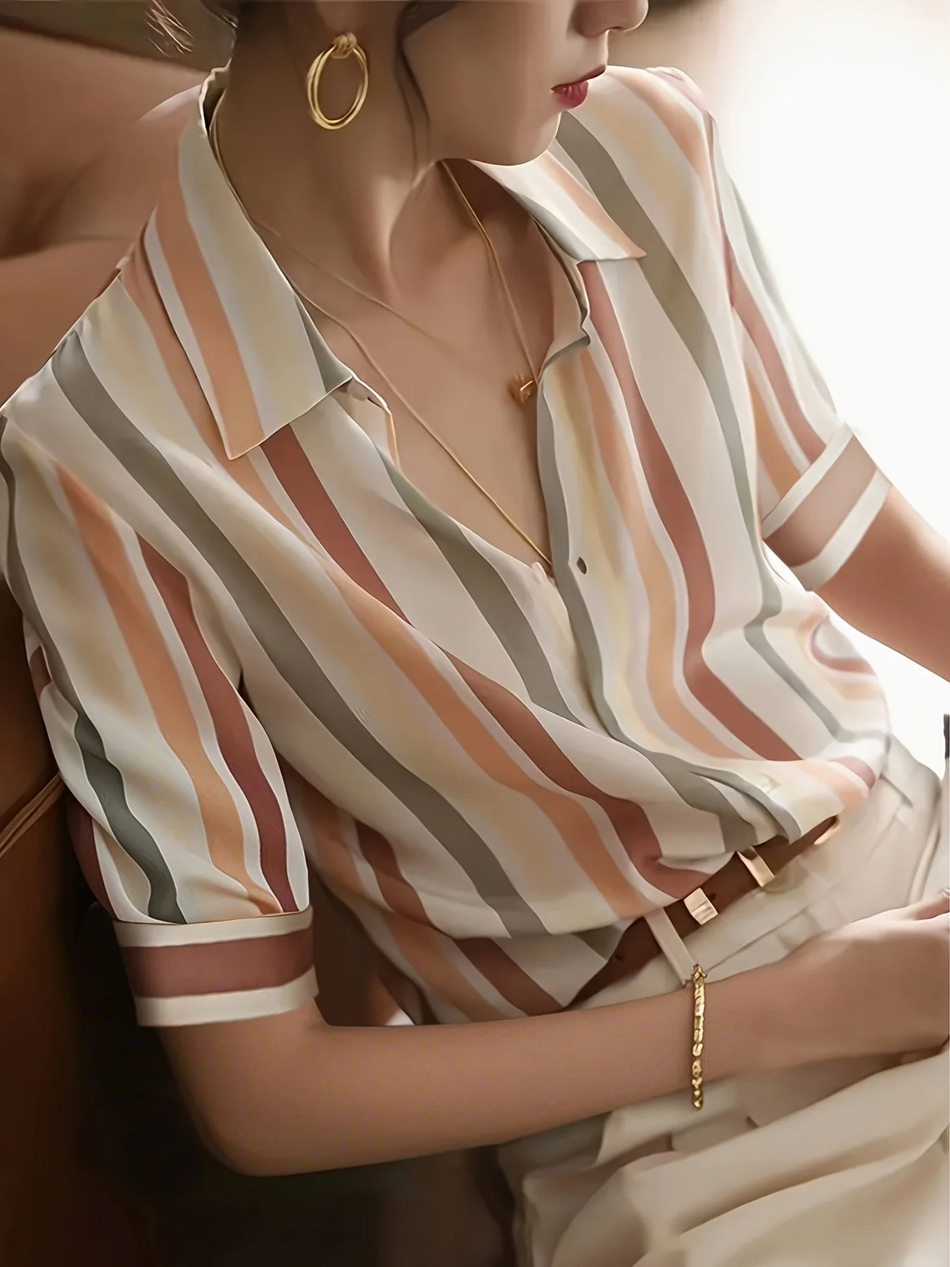 Damen Bluse Elegant Gestreift Kurzarm Büro Freizeit Stil - Image 5