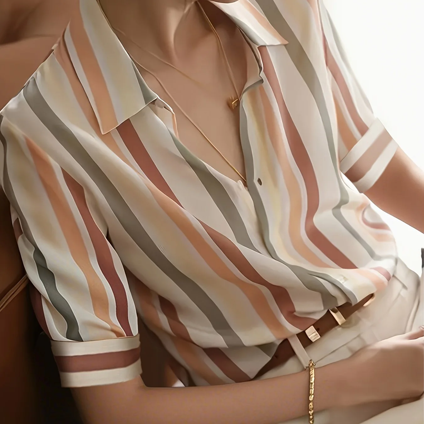 Damen Bluse Elegant Gestreift Kurzarm Büro Freizeit Stil - Image 6