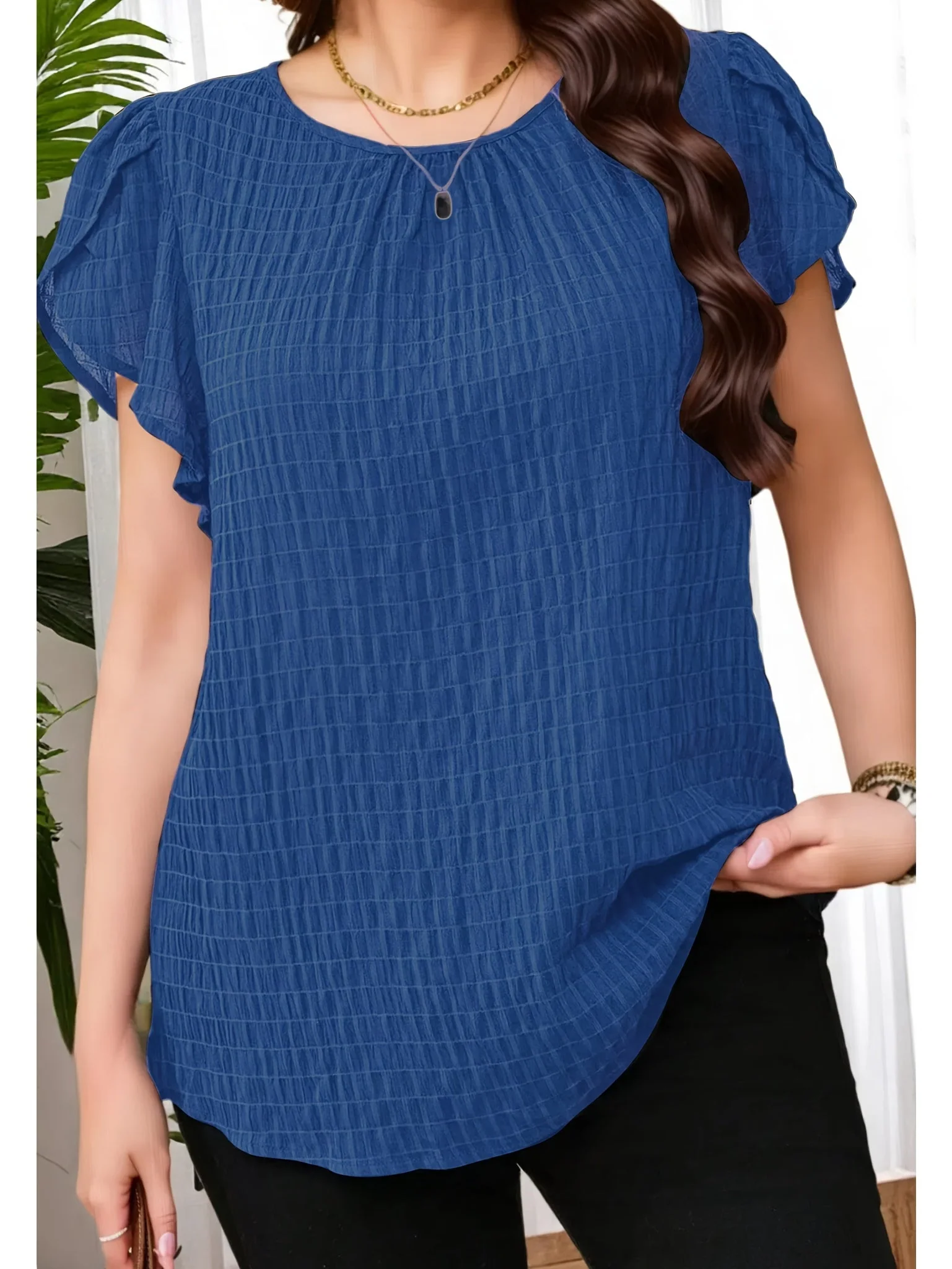 Damen Bluse Elegant Locker Sommer Freizeit Top mit Kurzarm und Rundhalsausschnitt - Image 2
