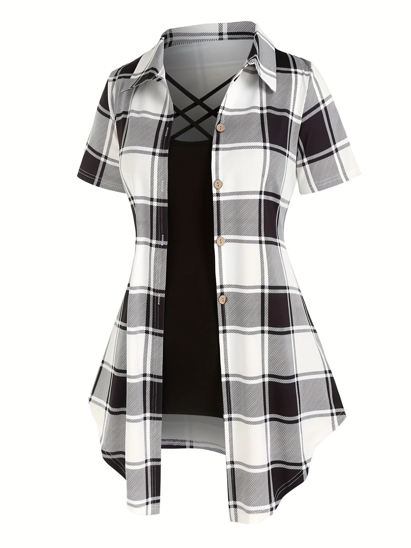 Damen Bluse im Karomuster mit Überwurf und elegantem Look – Sommer Freizeit Hemd mit Kreuzdetail