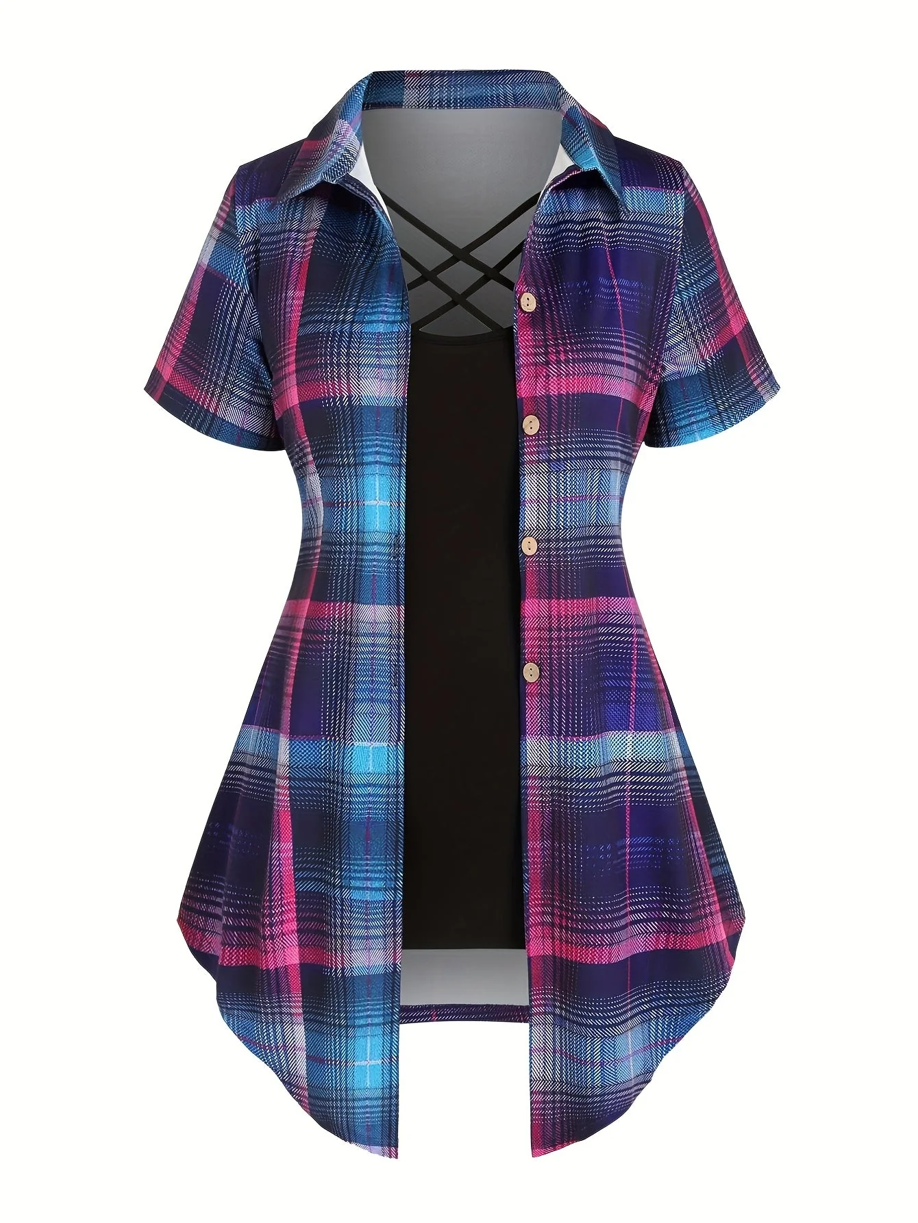 Damen Bluse im Karomuster mit Überwurf und elegantem Look – Sommer Freizeit Hemd mit Kreuzdetail - Image 6