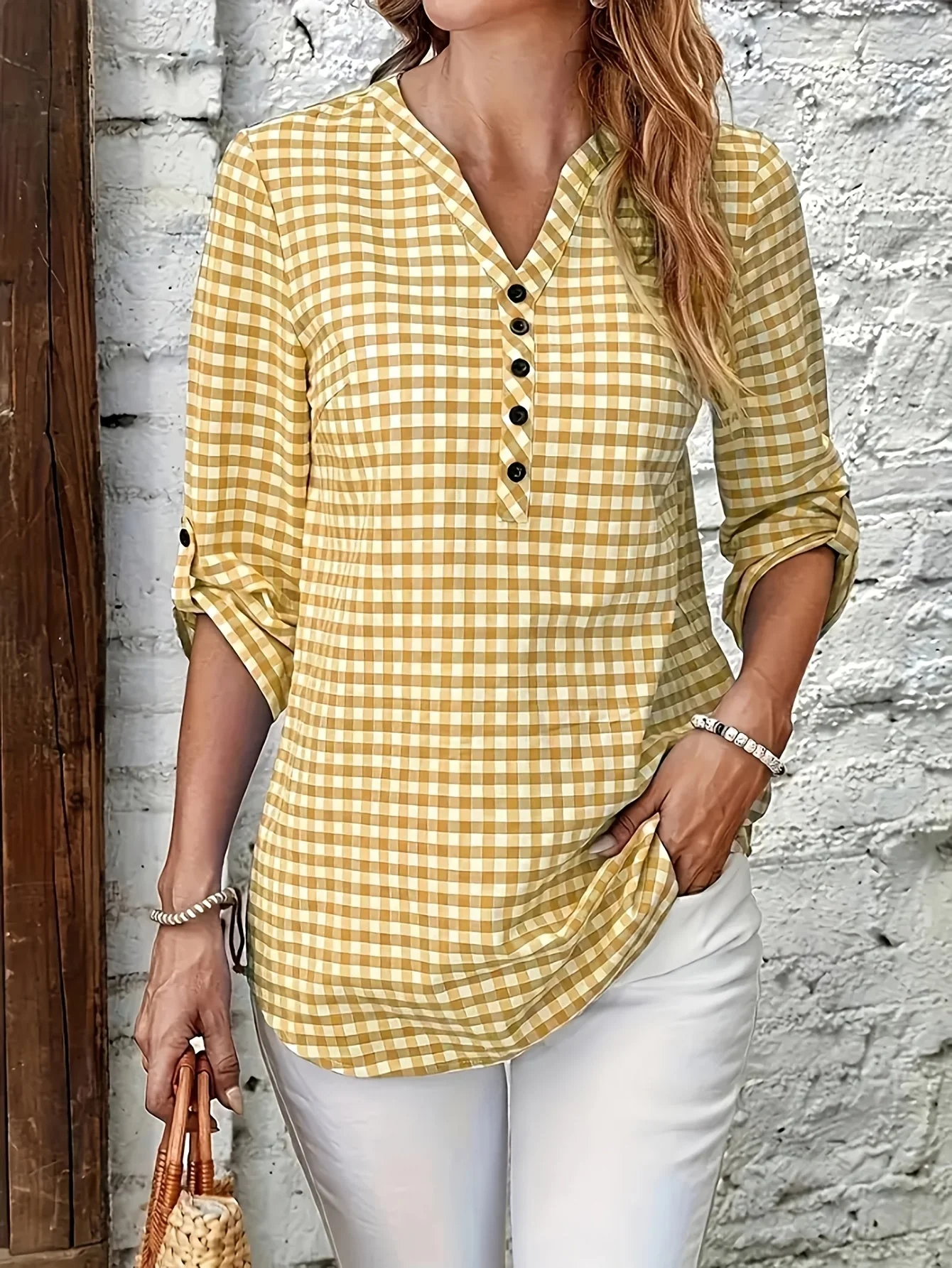 Damen Bluse mit Karomuster und V-Ausschnitt – Freizeit Hemdbluse für Frühling und Sommer
