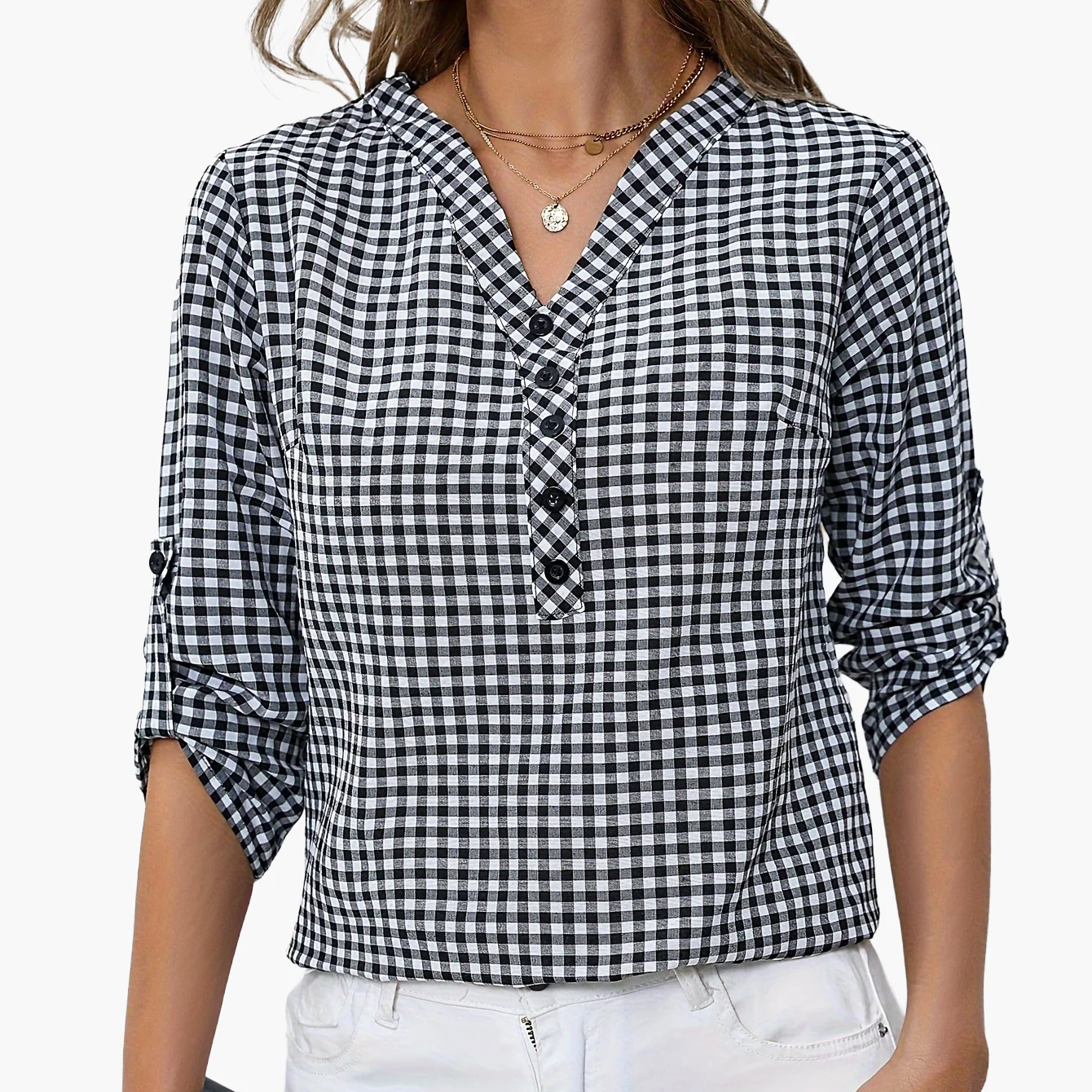 Damen Bluse mit Karomuster und V-Ausschnitt – Freizeit Hemdbluse für Frühling und Sommer - Image 10