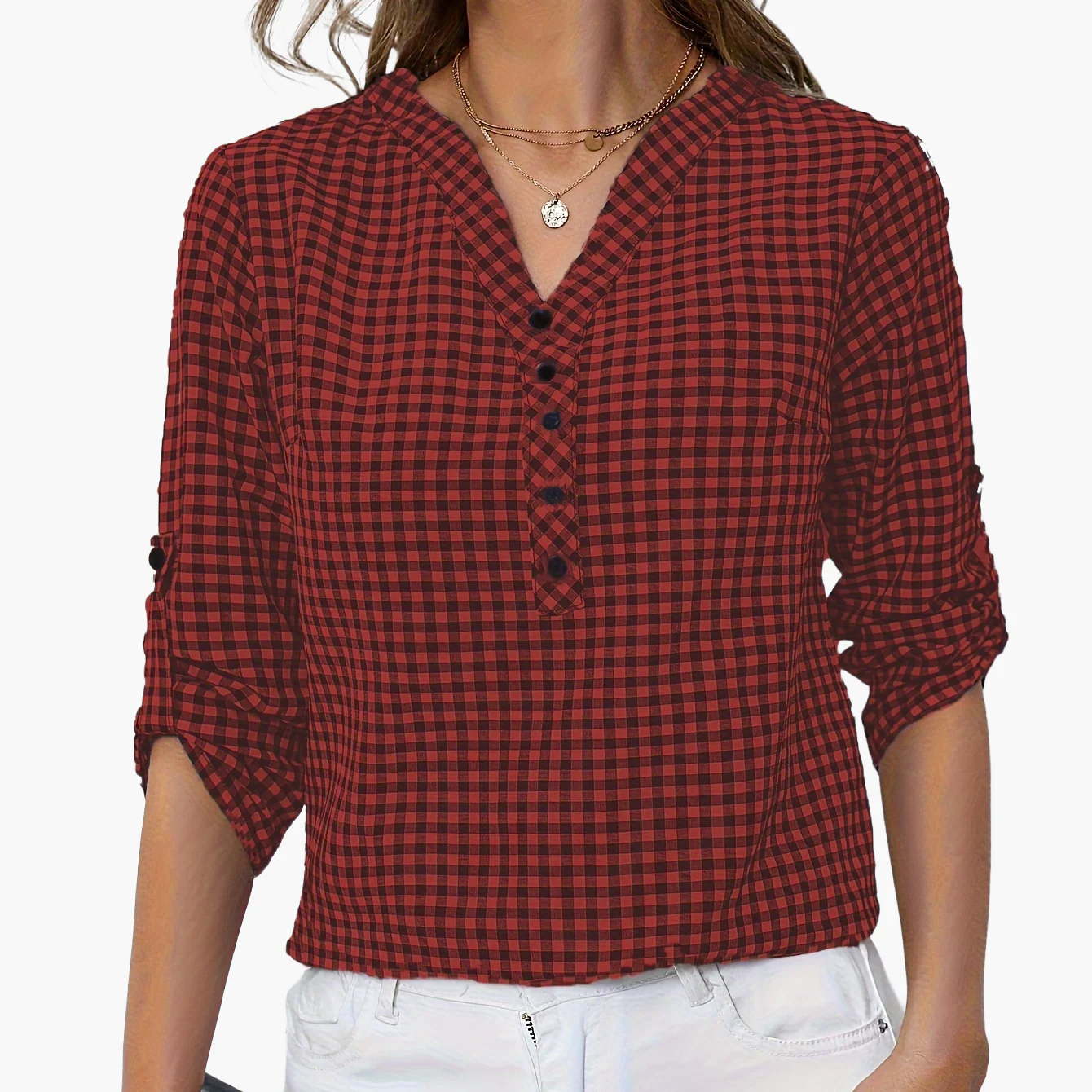 Damen Bluse mit Karomuster und V-Ausschnitt – Freizeit Hemdbluse für Frühling und Sommer - Image 11