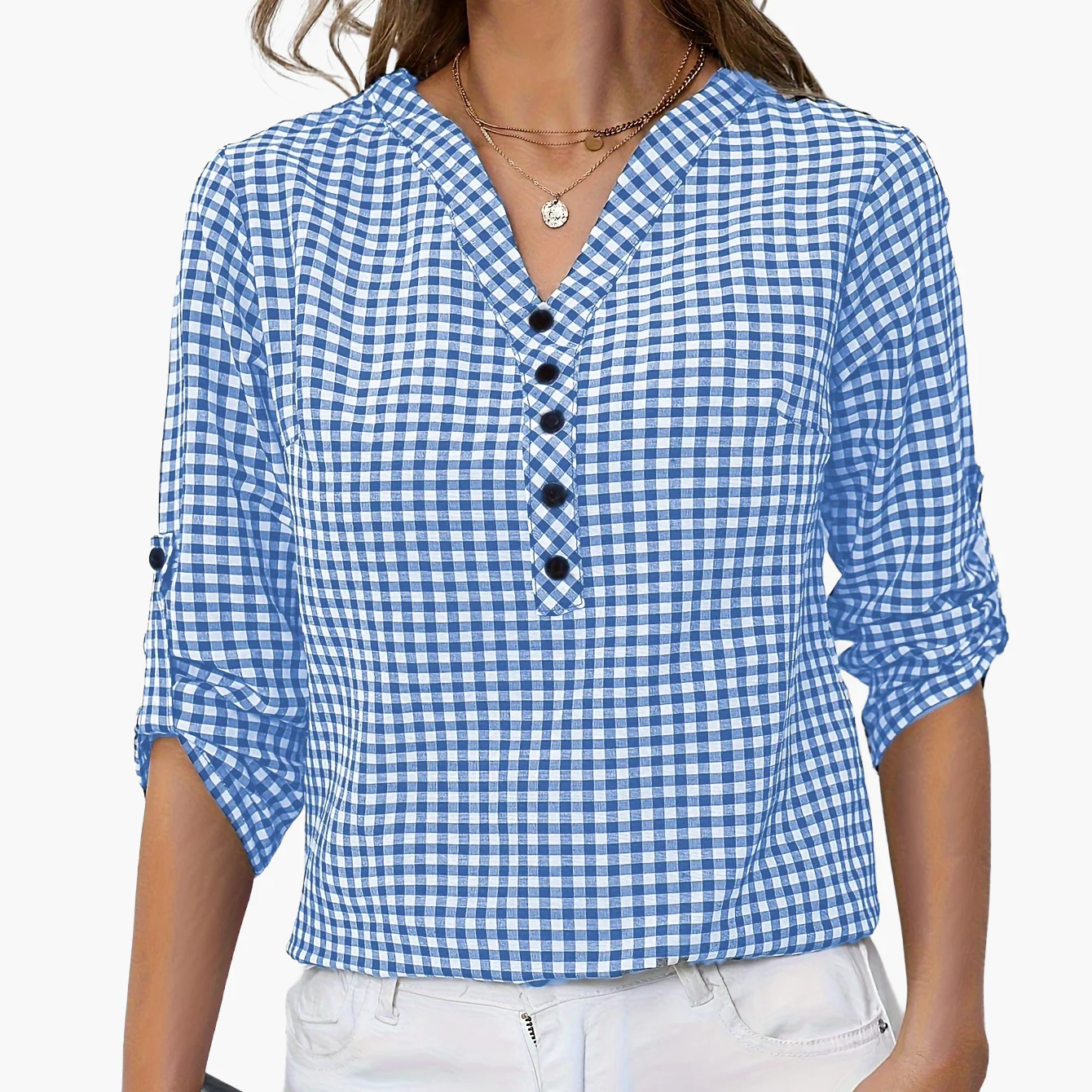 Damen Bluse mit Karomuster und V-Ausschnitt – Freizeit Hemdbluse für Frühling und Sommer - Image 12