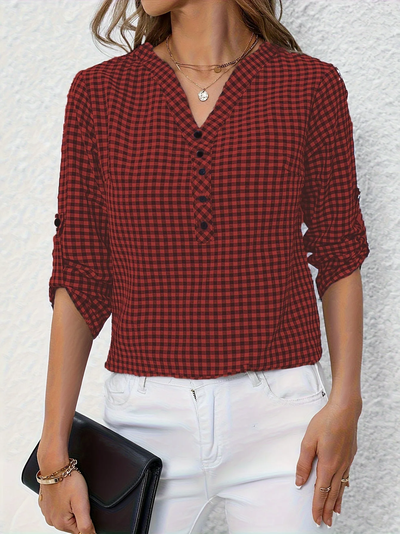 Damen Bluse mit Karomuster und V-Ausschnitt – Freizeit Hemdbluse für Frühling und Sommer - Image 2