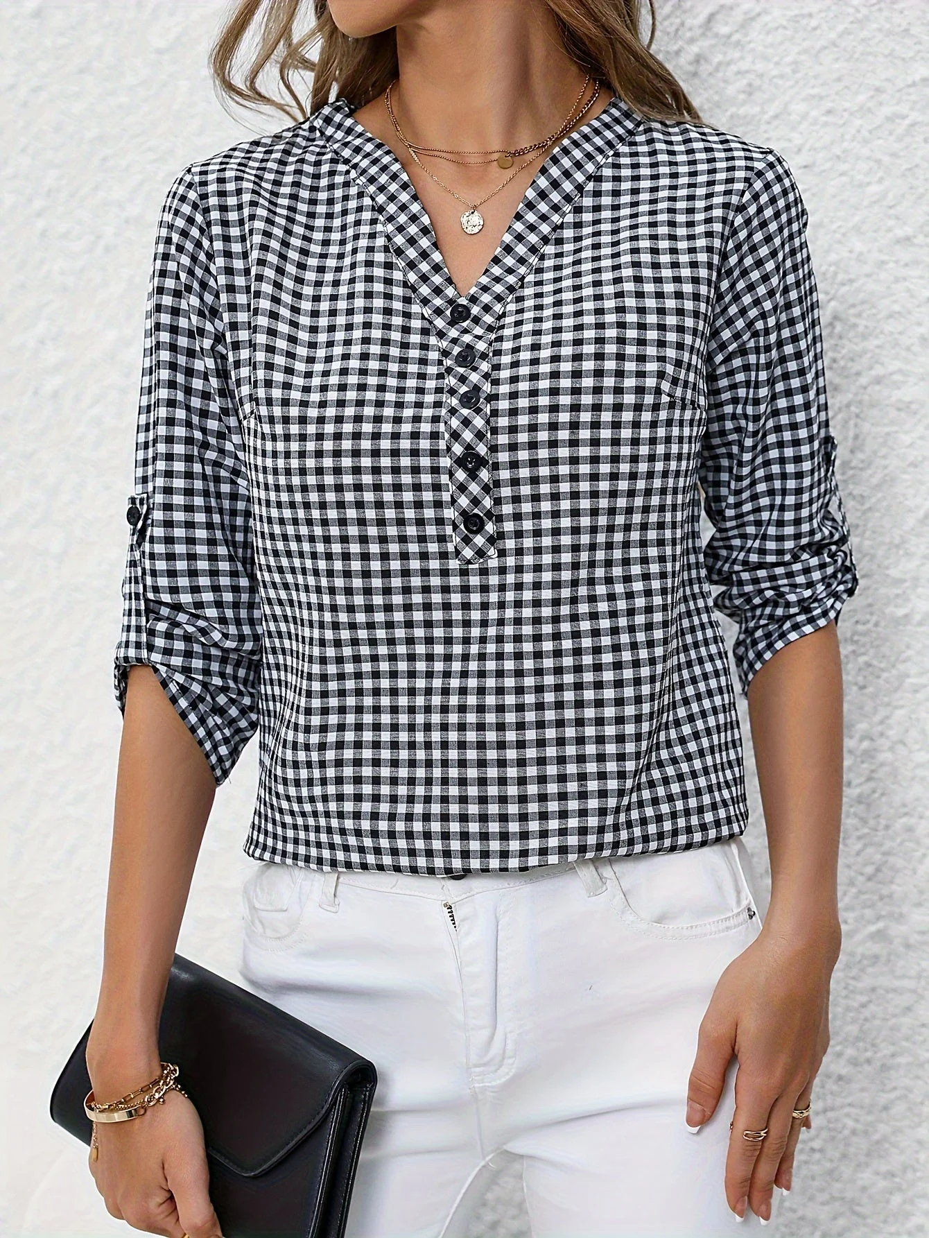 Damen Bluse mit Karomuster und V-Ausschnitt – Freizeit Hemdbluse für Frühling und Sommer - Image 3