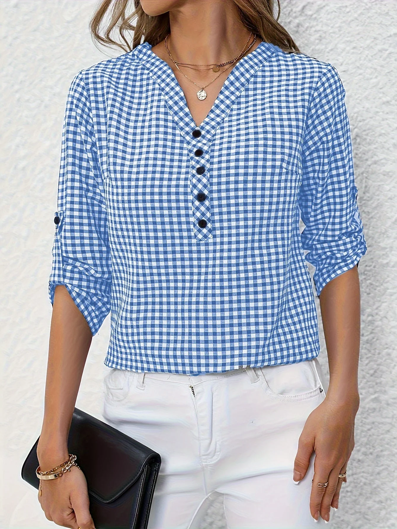 Damen Bluse mit Karomuster und V-Ausschnitt – Freizeit Hemdbluse für Frühling und Sommer - Image 4