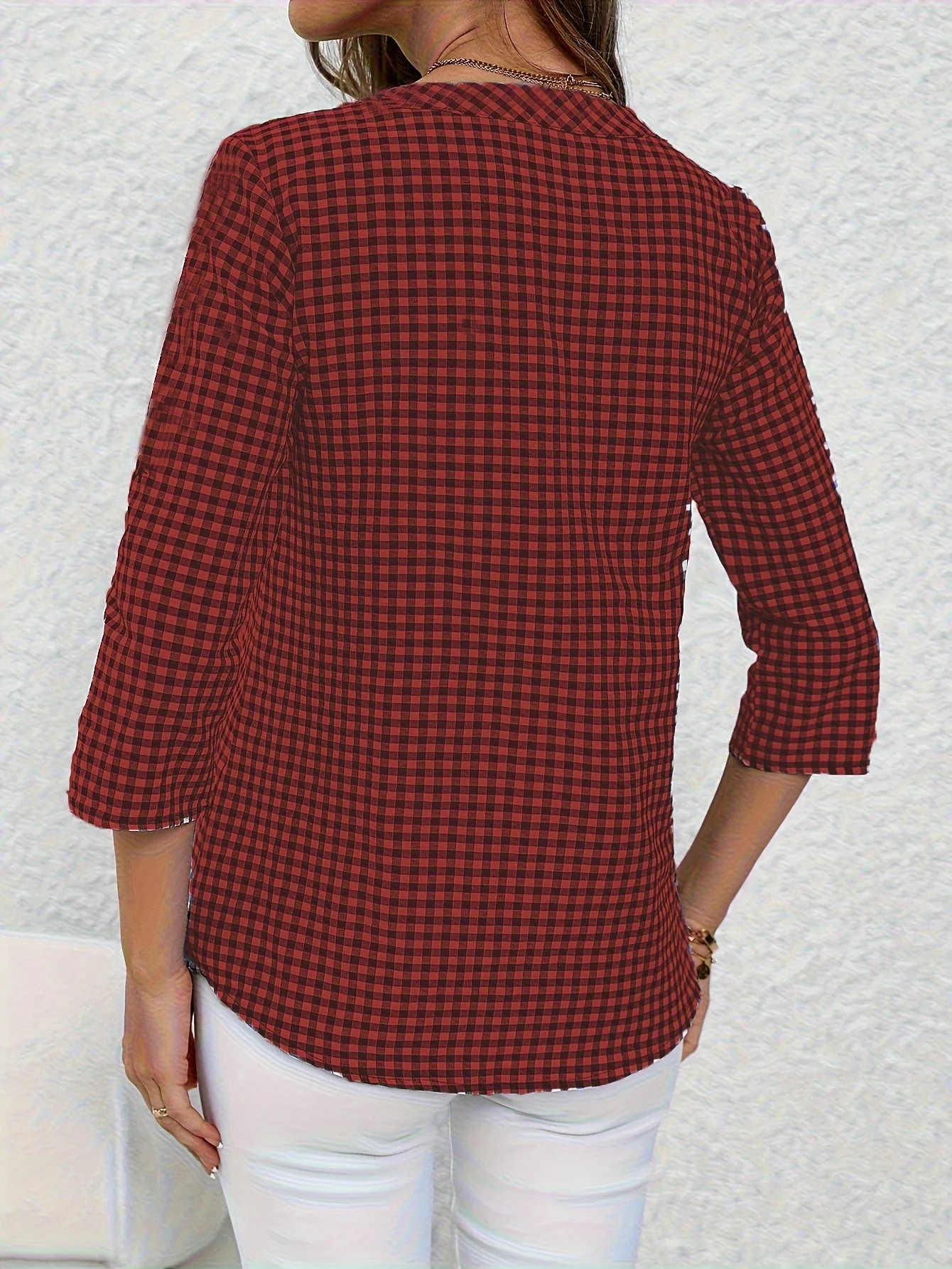 Damen Bluse mit Karomuster und V-Ausschnitt – Freizeit Hemdbluse für Frühling und Sommer - Image 6