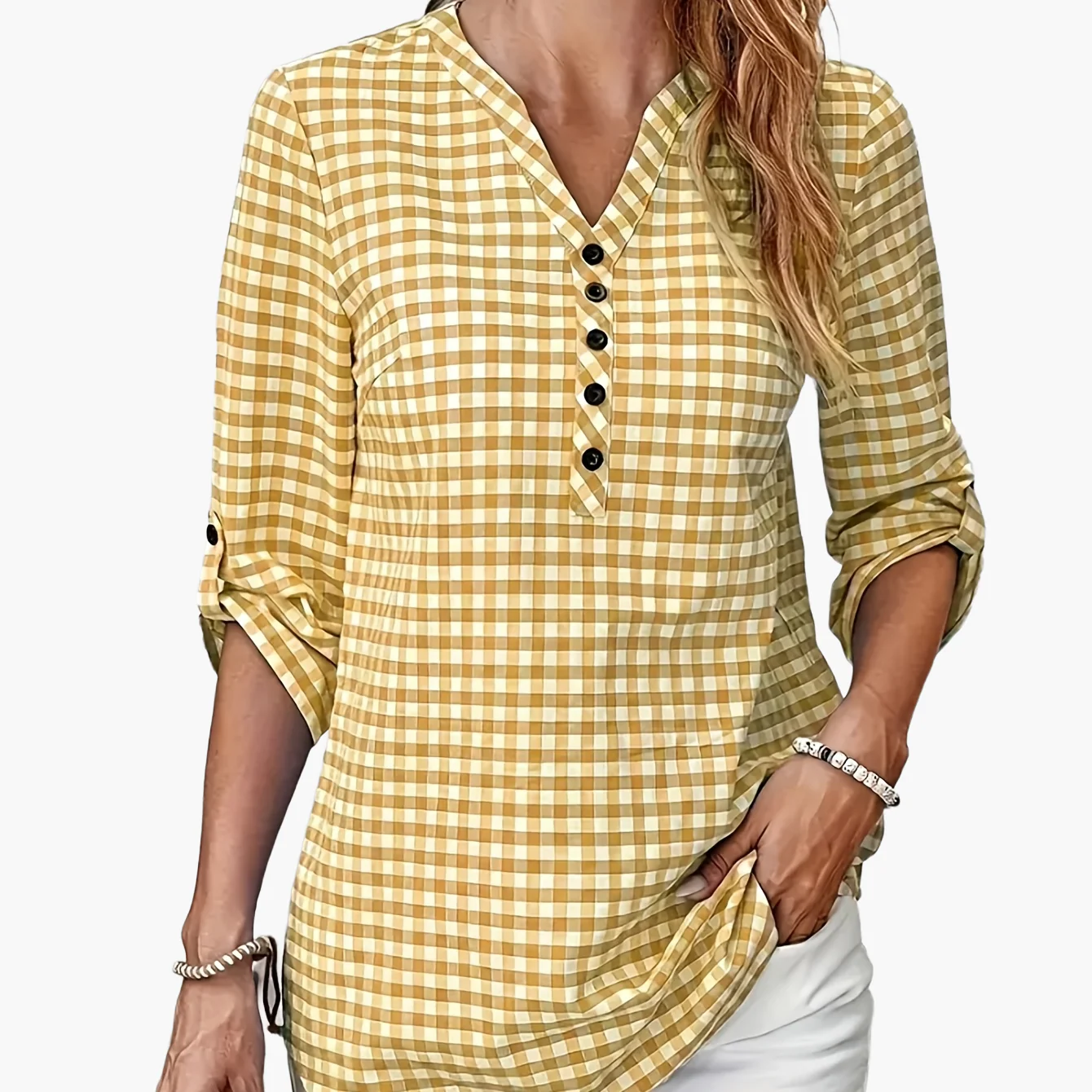 Damen Bluse mit Karomuster und V-Ausschnitt – Freizeit Hemdbluse für Frühling und Sommer - Image 9