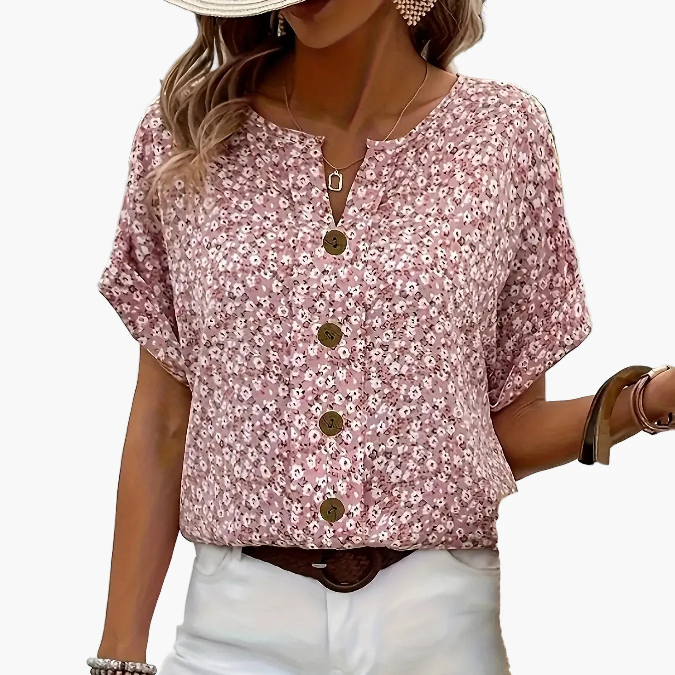 Damen Bluse Kurzarm mit Blumenmuster und Knopfleiste – Elegante Sommermode für Alltag & Freizeit - Image 10