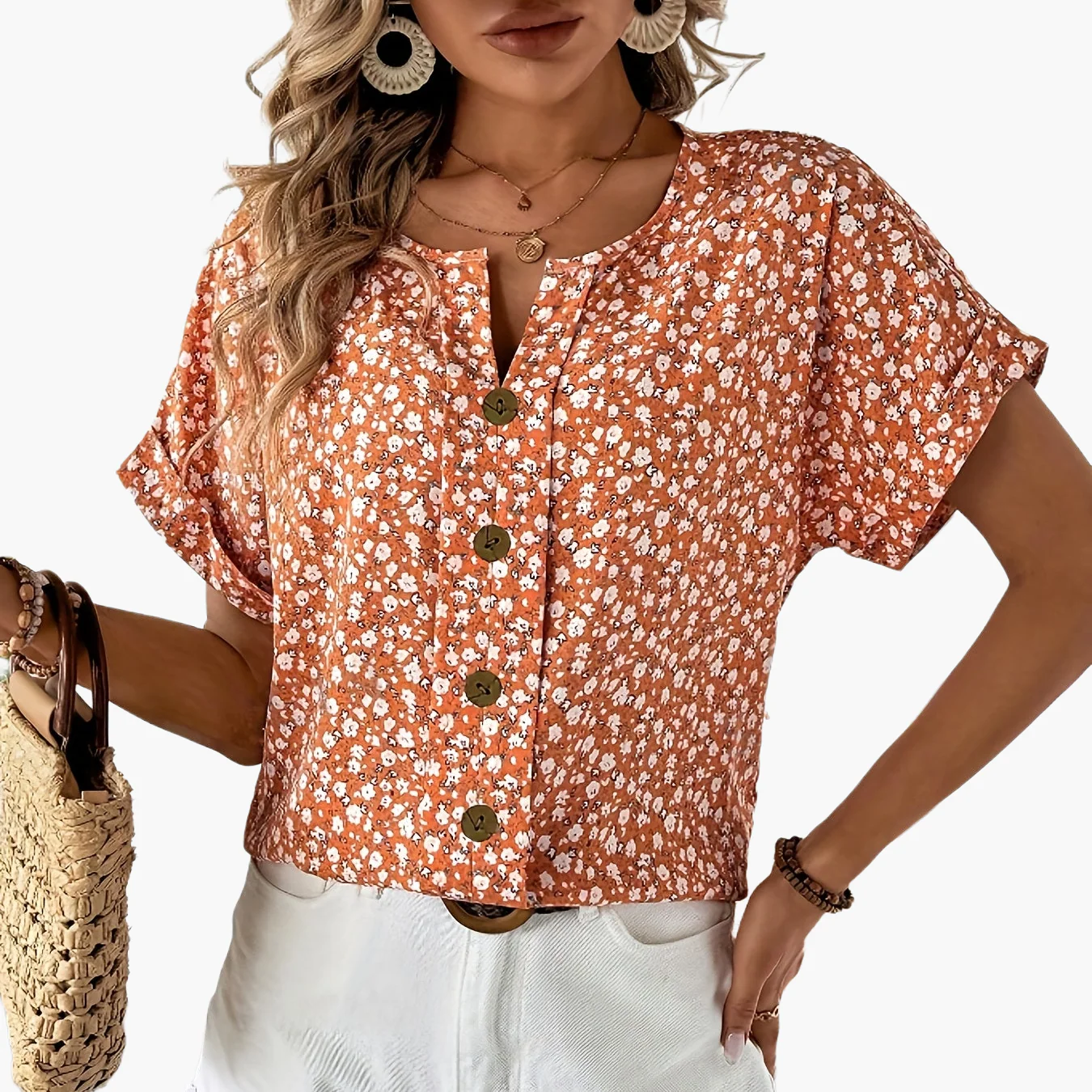 Damen Bluse Kurzarm mit Blumenmuster und Knopfleiste – Elegante Sommermode für Alltag & Freizeit - Image 11