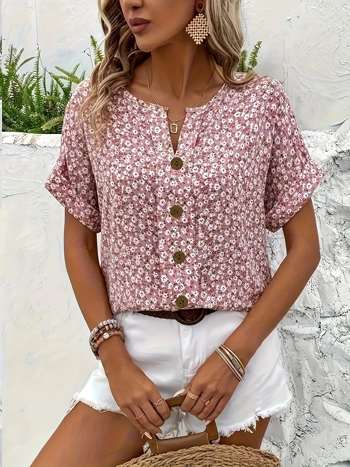Damen Bluse Kurzarm mit Blumenmuster und Knopfleiste – Elegante Sommermode für Alltag & Freizeit - Image 6