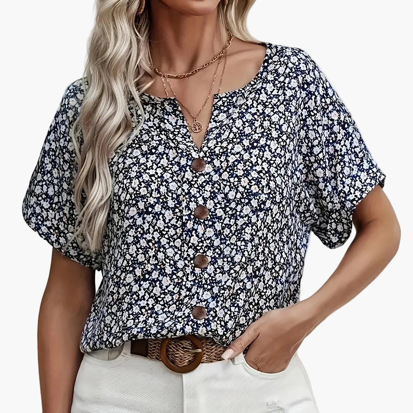 Damen Bluse Kurzarm mit Blumenmuster und Knopfleiste – Elegante Sommermode für Alltag & Freizeit - Image 7