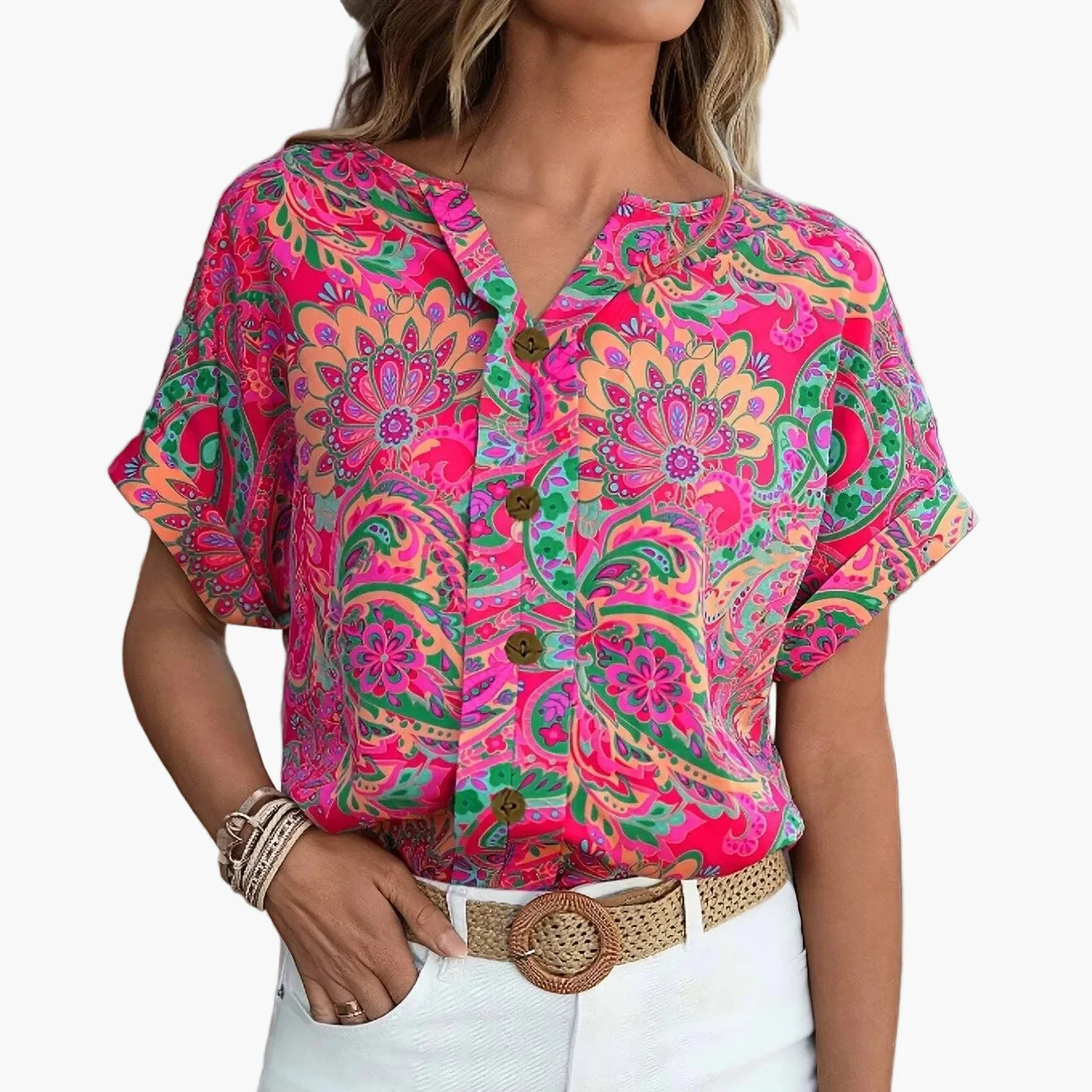 Damen Bluse Kurzarm mit Blumenmuster und Knopfleiste – Elegante Sommermode für Alltag & Freizeit - Image 8