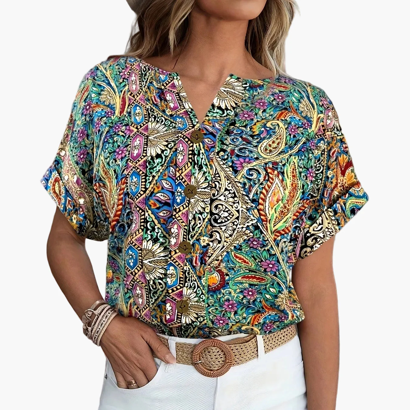 Damen Bluse Kurzarm mit Blumenmuster und Knopfleiste – Elegante Sommermode für Alltag & Freizeit - Image 9