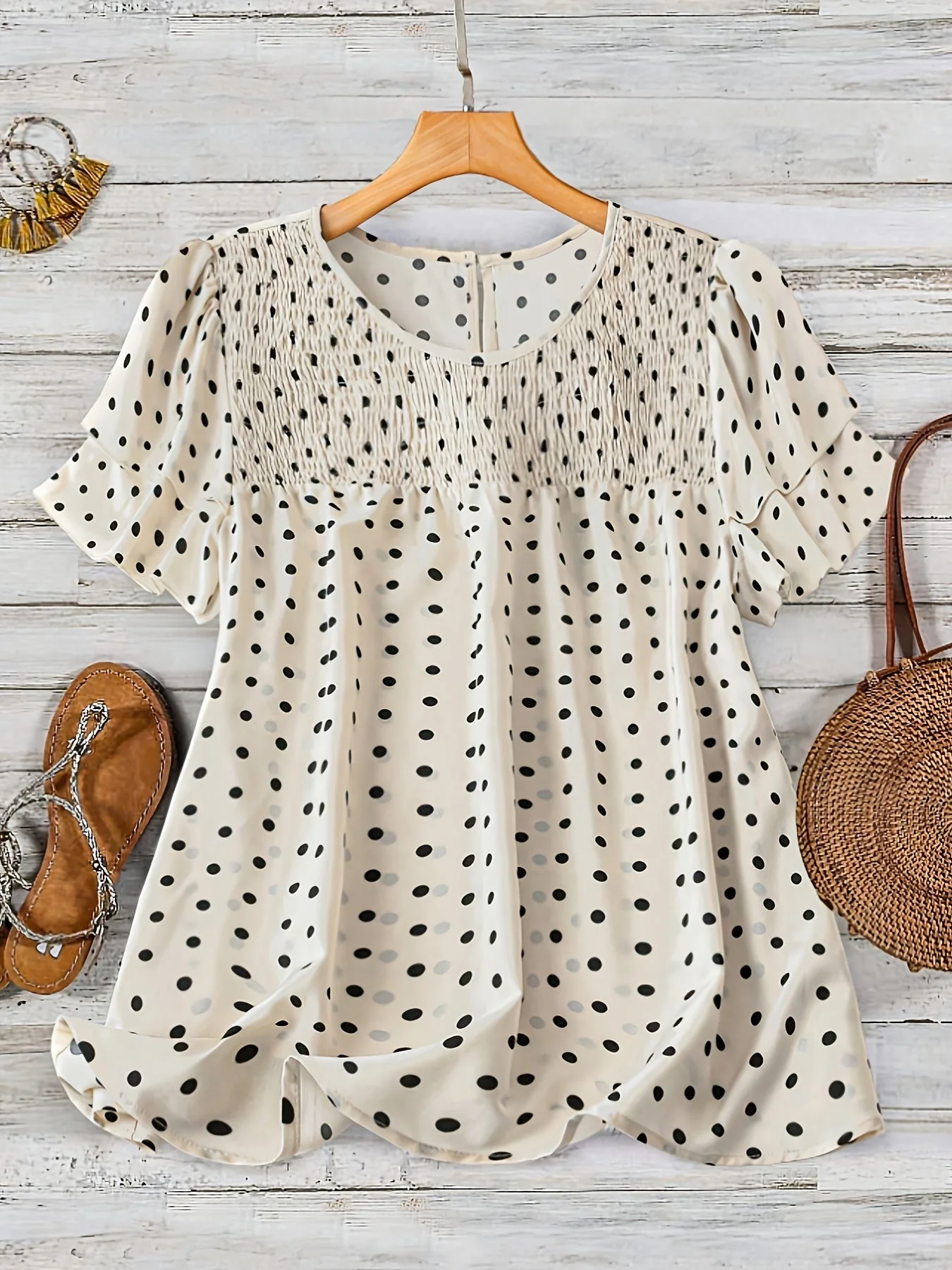 Damen Bluse mit Punkten, elegant, Kurzarm, Sommer, Freizeit & Büro