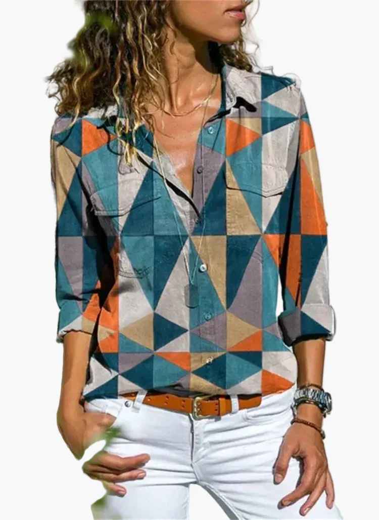 Damen Bluse Modern Geometrisch Stilvolle Langarm Freizeithemd für Alltag und Büro - Image 7