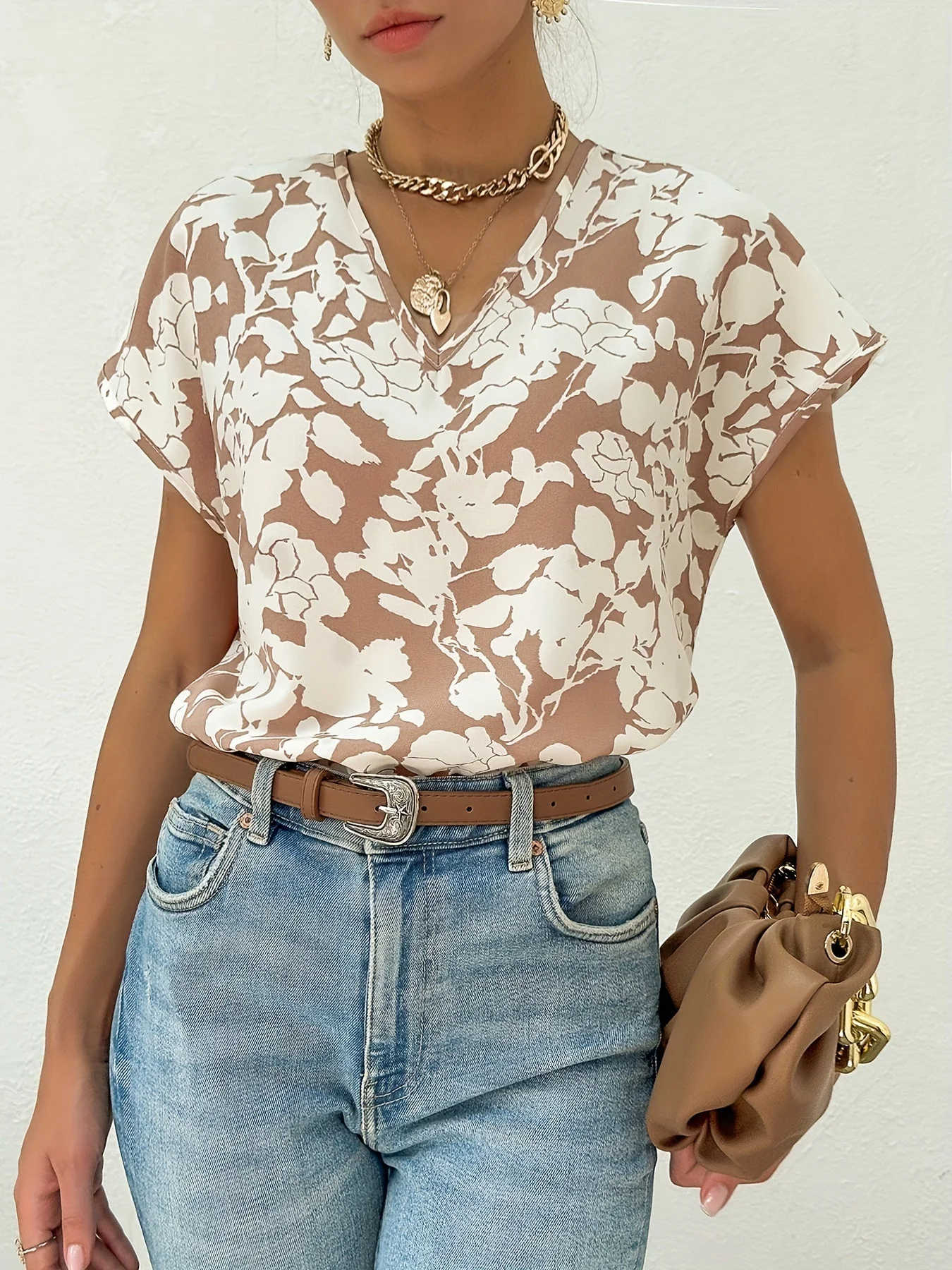 Damen Blusenshirt Elegant Sommer mit Blumenmuster und V-Ausschnitt, Freizeitmode