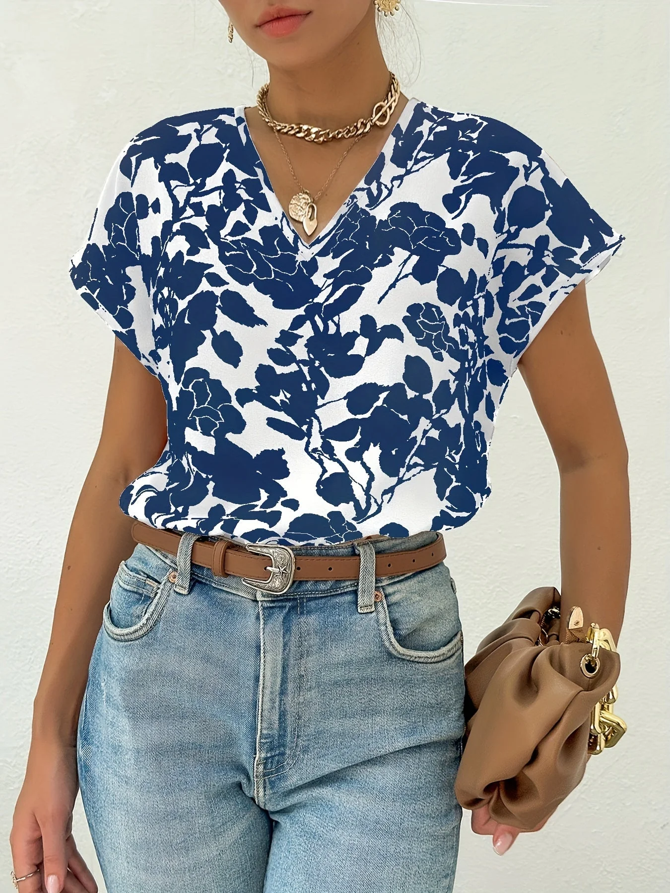 Damen Blusenshirt Elegant Sommer mit Blumenmuster und V-Ausschnitt, Freizeitmode - Image 2
