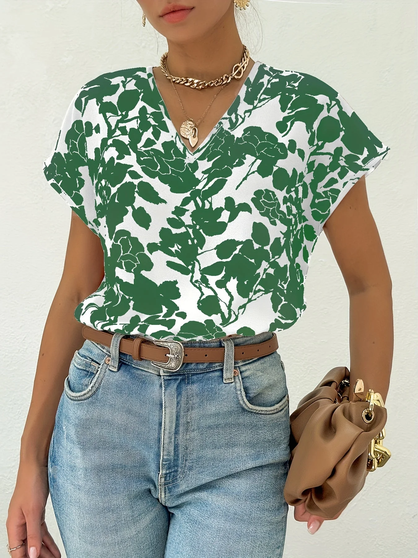 Damen Blusenshirt Elegant Sommer mit Blumenmuster und V-Ausschnitt, Freizeitmode - Image 3