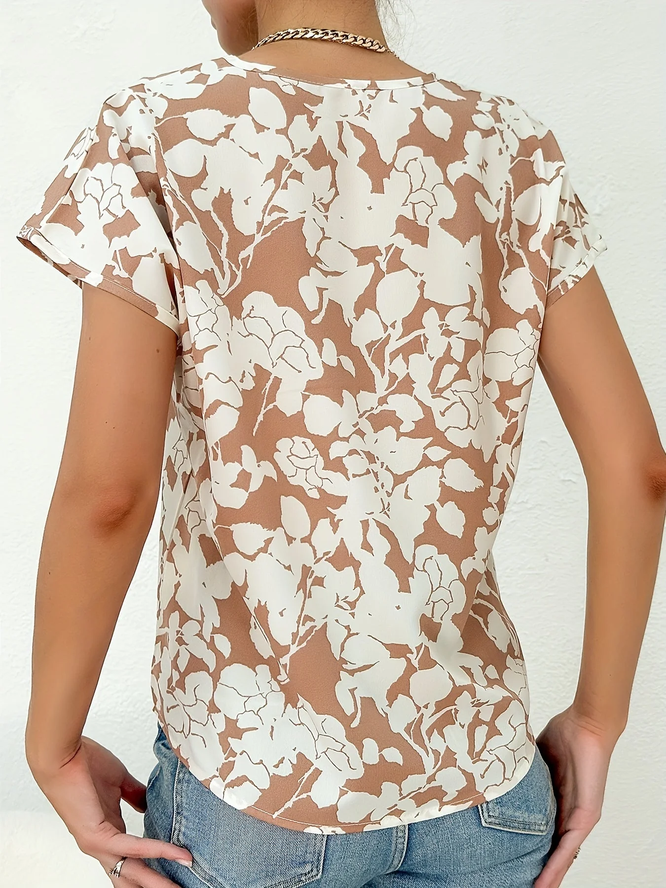 Damen Blusenshirt Elegant Sommer mit Blumenmuster und V-Ausschnitt, Freizeitmode - Image 4
