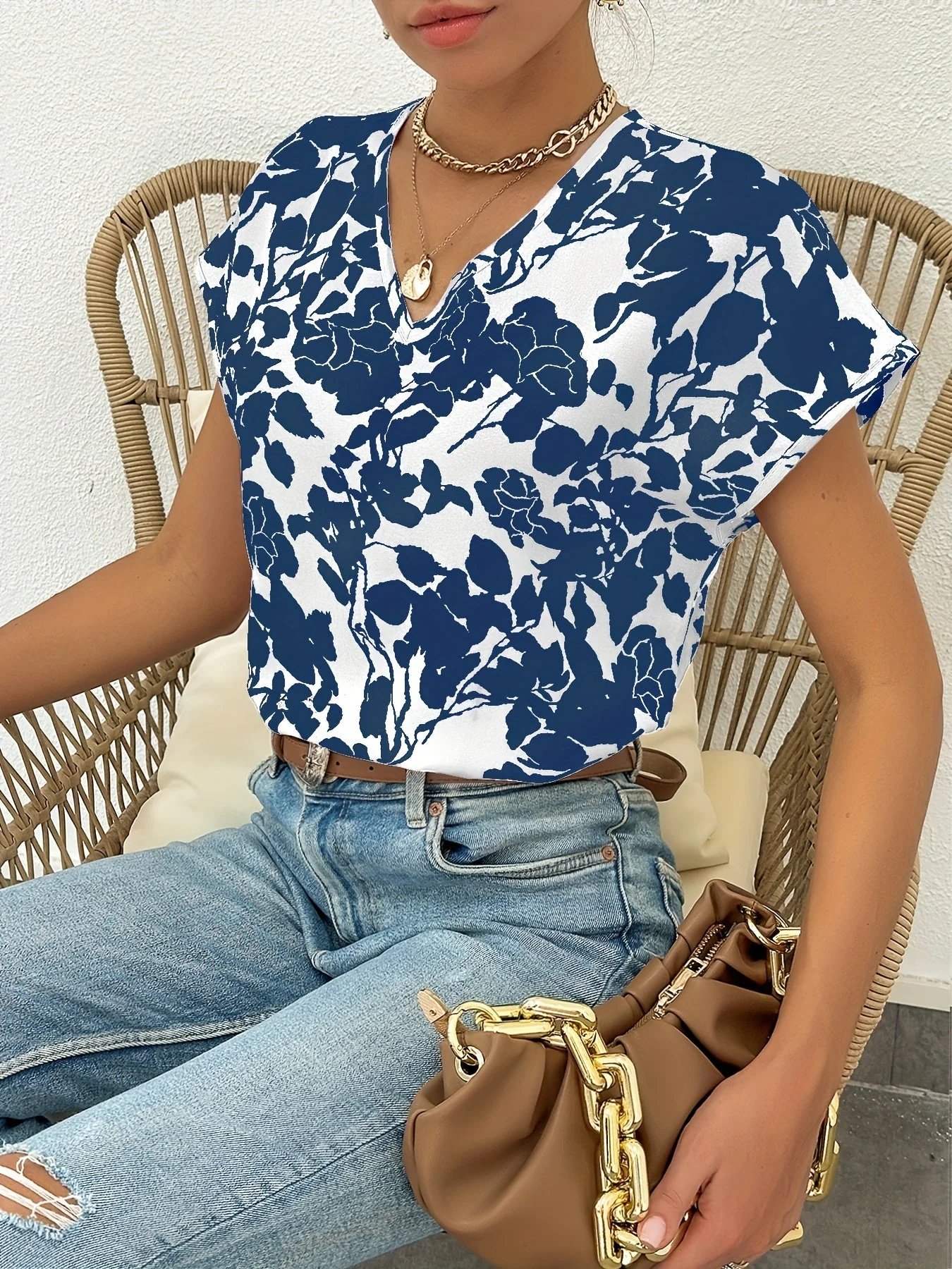 Damen Blusenshirt Elegant Sommer mit Blumenmuster und V-Ausschnitt, Freizeitmode - Image 7