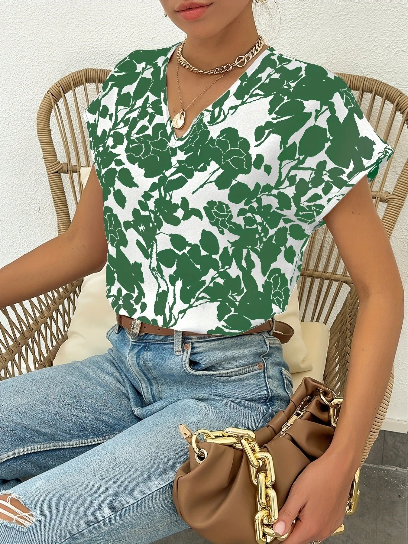 Damen Blusenshirt Elegant Sommer mit Blumenmuster und V-Ausschnitt, Freizeitmode - Image 9