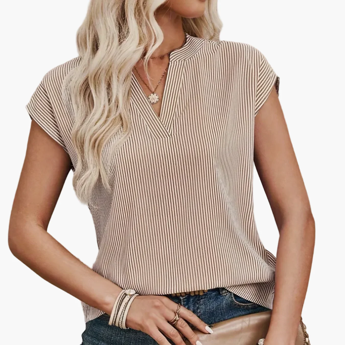 Damen Blusenshirt mit Streifenmuster und V-Ausschnitt – Eleganter Freizeitstil für Alltag und Büro - Image 11