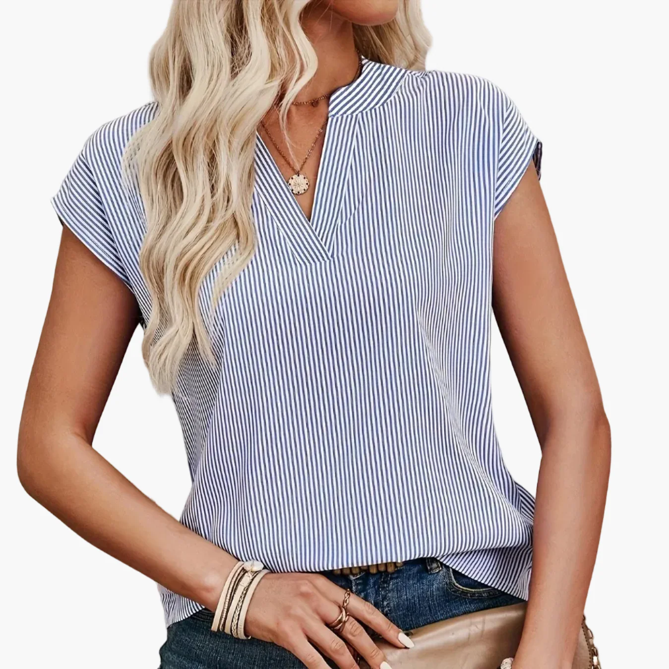 Damen Blusenshirt mit Streifenmuster und V-Ausschnitt – Eleganter Freizeitstil für Alltag und Büro - Image 13