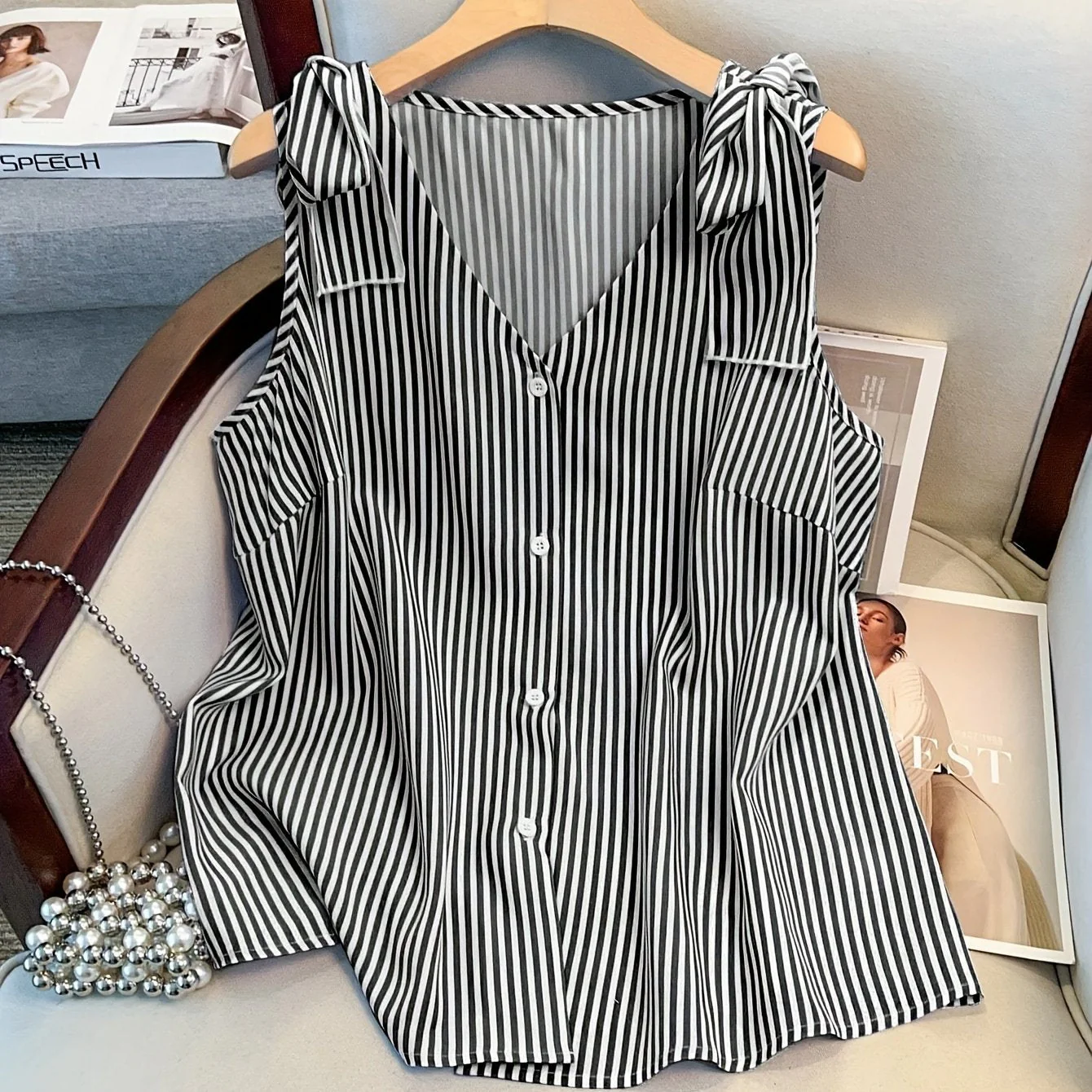 Damen Blusentop mit Streifenmuster und Knopfleiste – Eleganter V-Ausschnitt, Ideal für Büro und Alltag - Image 11