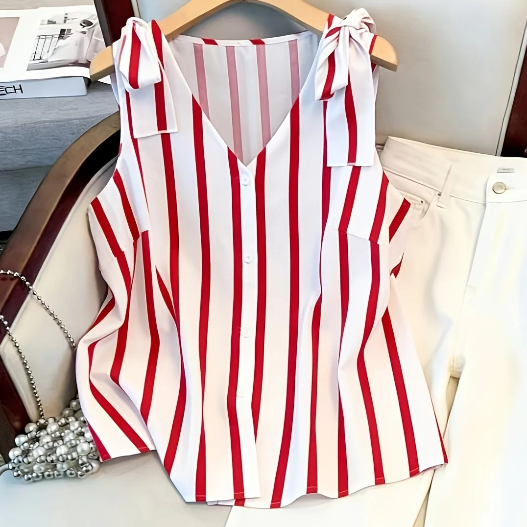 Damen Blusentop mit Streifenmuster und Knopfleiste – Eleganter V-Ausschnitt, Ideal für Büro und Alltag - Image 14