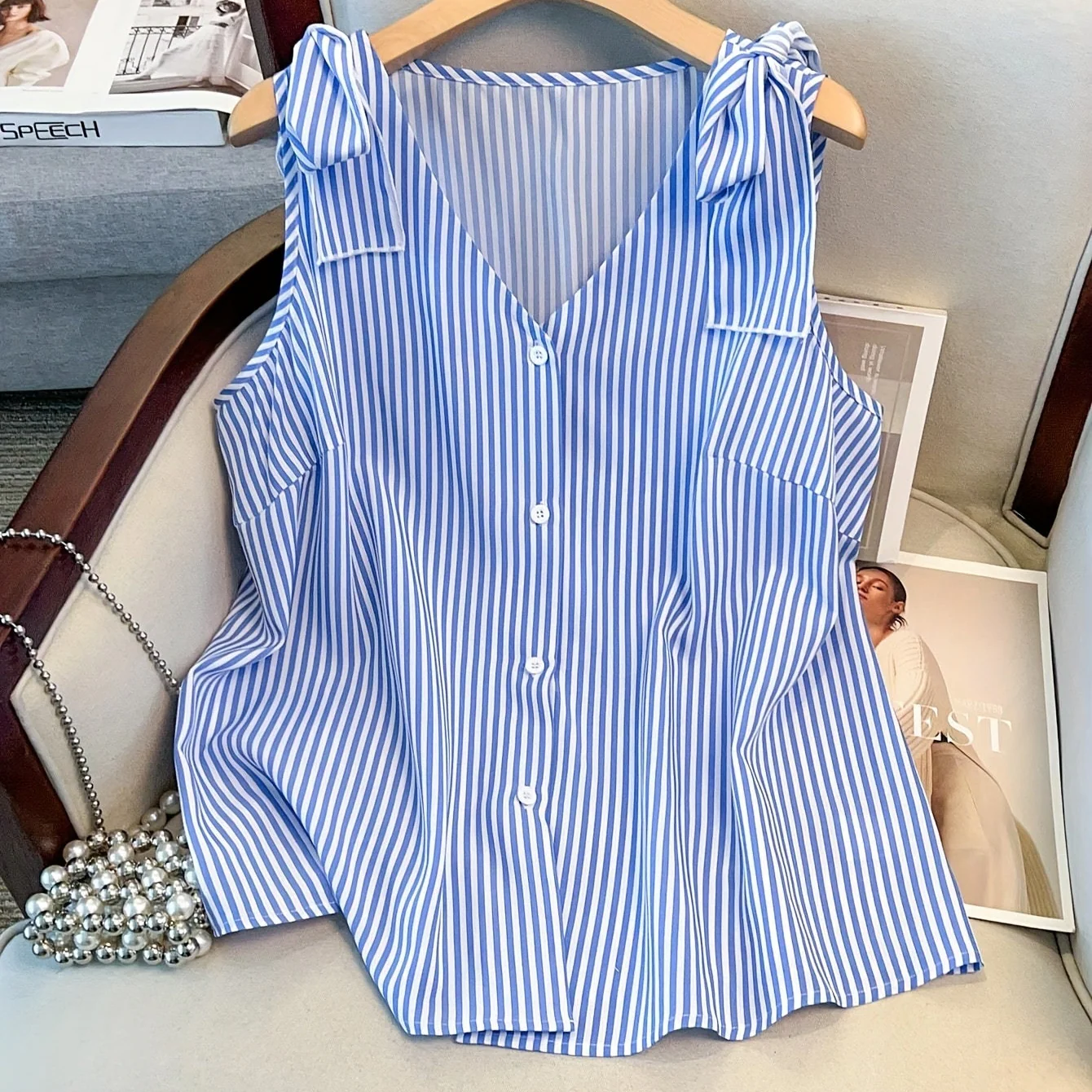 Damen Blusentop mit Streifenmuster und Knopfleiste – Eleganter V-Ausschnitt, Ideal für Büro und Alltag - Image 15