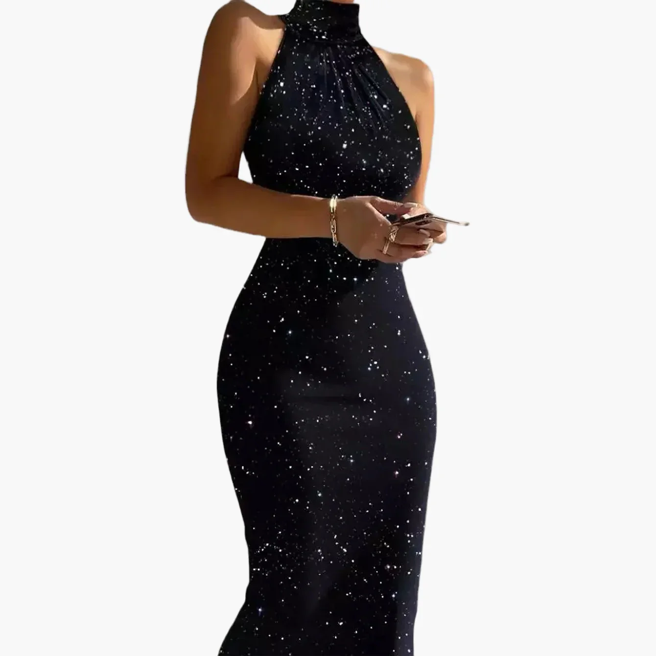Damen Bodycon Abendkleid mit Stehkragen und Galaxie-Print – Elegant für Parties und besondere Anlässe - Image 2