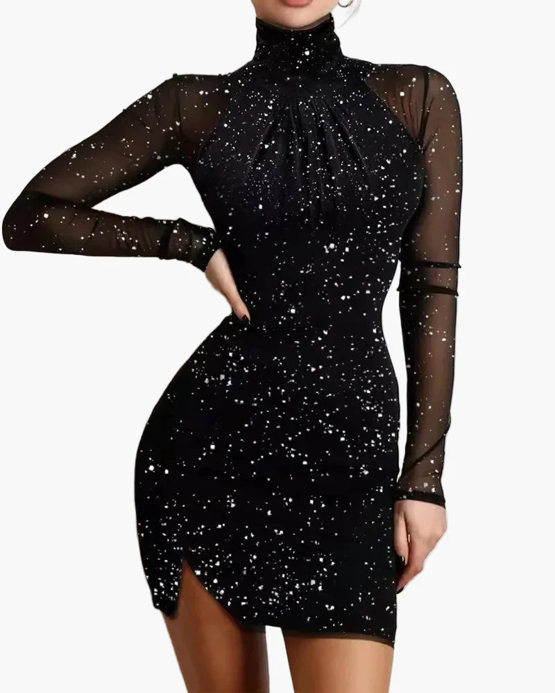 Damen Bodycon Minikleid mit Glitzer-Effekt und transparenten Ärmeln – Elegantes Party- und Abendkleid