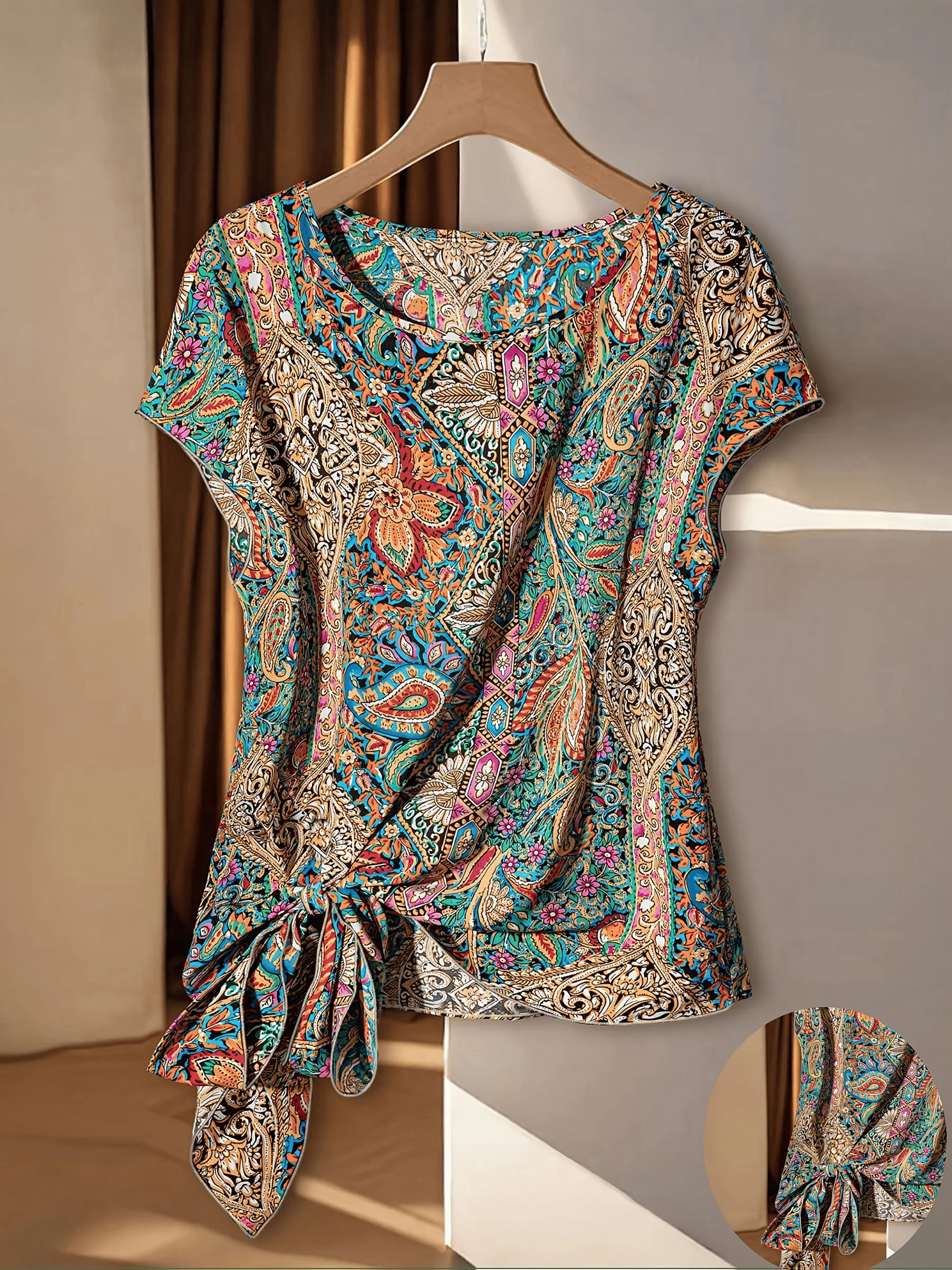 Damen Boho Blusenshirt mit Paisley-Muster und Knoten-Detail – Elegantes Frühlings- & Sommer-Oberteil, modisch und vielseitig