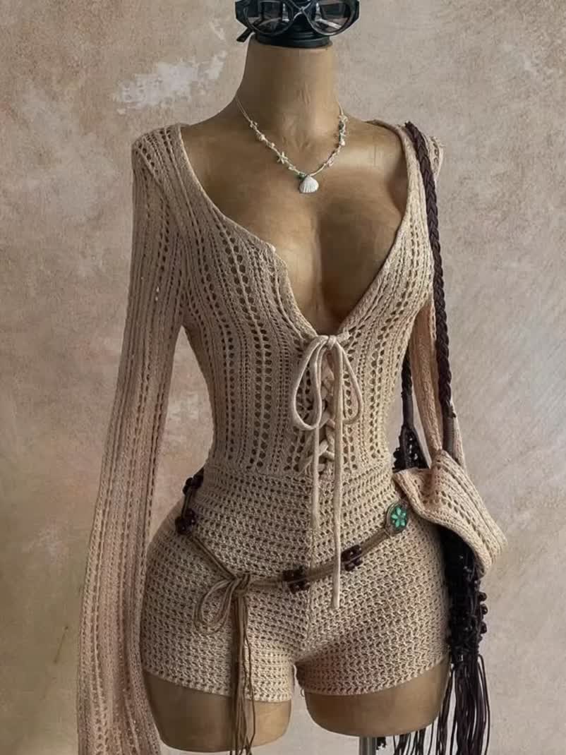 Damen Boho-Einteiler mit Häkelmuster und tiefem Ausschnitt – Perfekt für Strand, Urlaub & Sommer-Partys - Image 6
