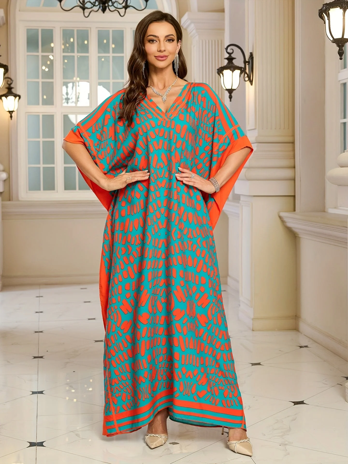Damen Boho Kaftan Maxikleid mit V-Ausschnitt – Elegantes Freizeitkleid für Sommer und Urlaub - Image 2