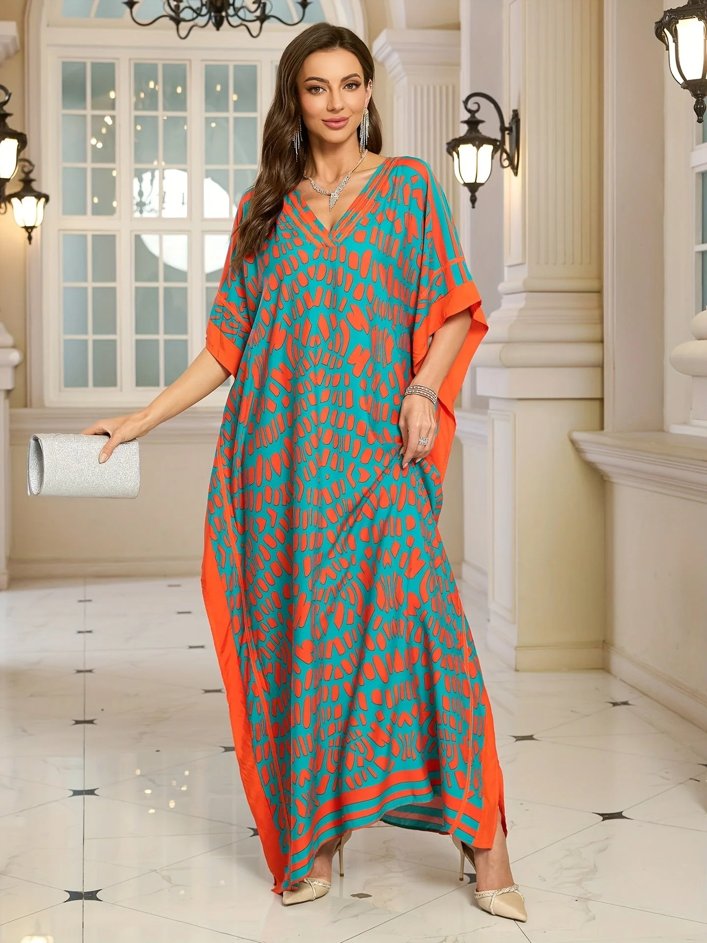 Damen Boho Kaftan Maxikleid mit V-Ausschnitt – Elegantes Freizeitkleid für Sommer und Urlaub - Image 3