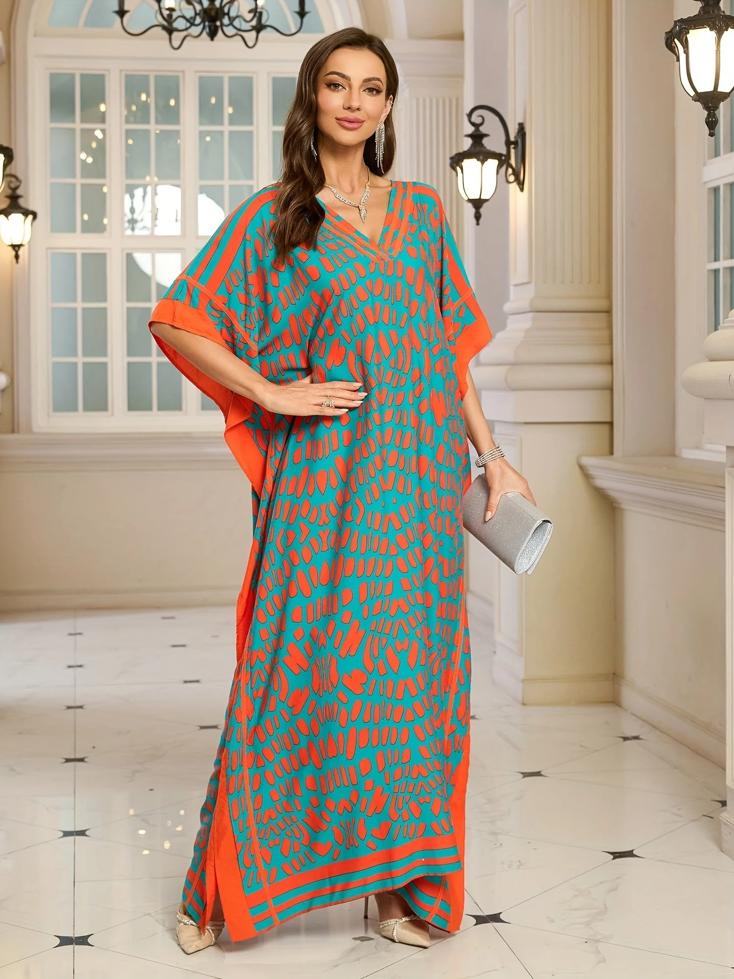 Damen Boho Kaftan Maxikleid mit V-Ausschnitt – Elegantes Freizeitkleid für Sommer und Urlaub - Image 4