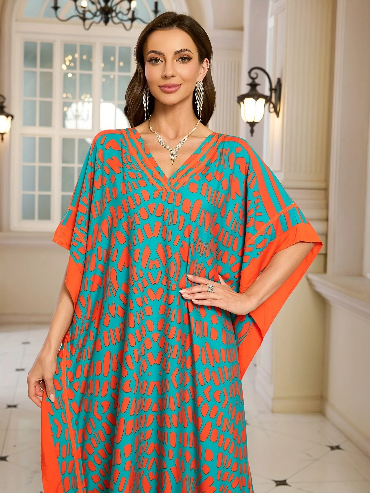 Damen Boho Kaftan Maxikleid mit V-Ausschnitt – Elegantes Freizeitkleid für Sommer und Urlaub - Image 6