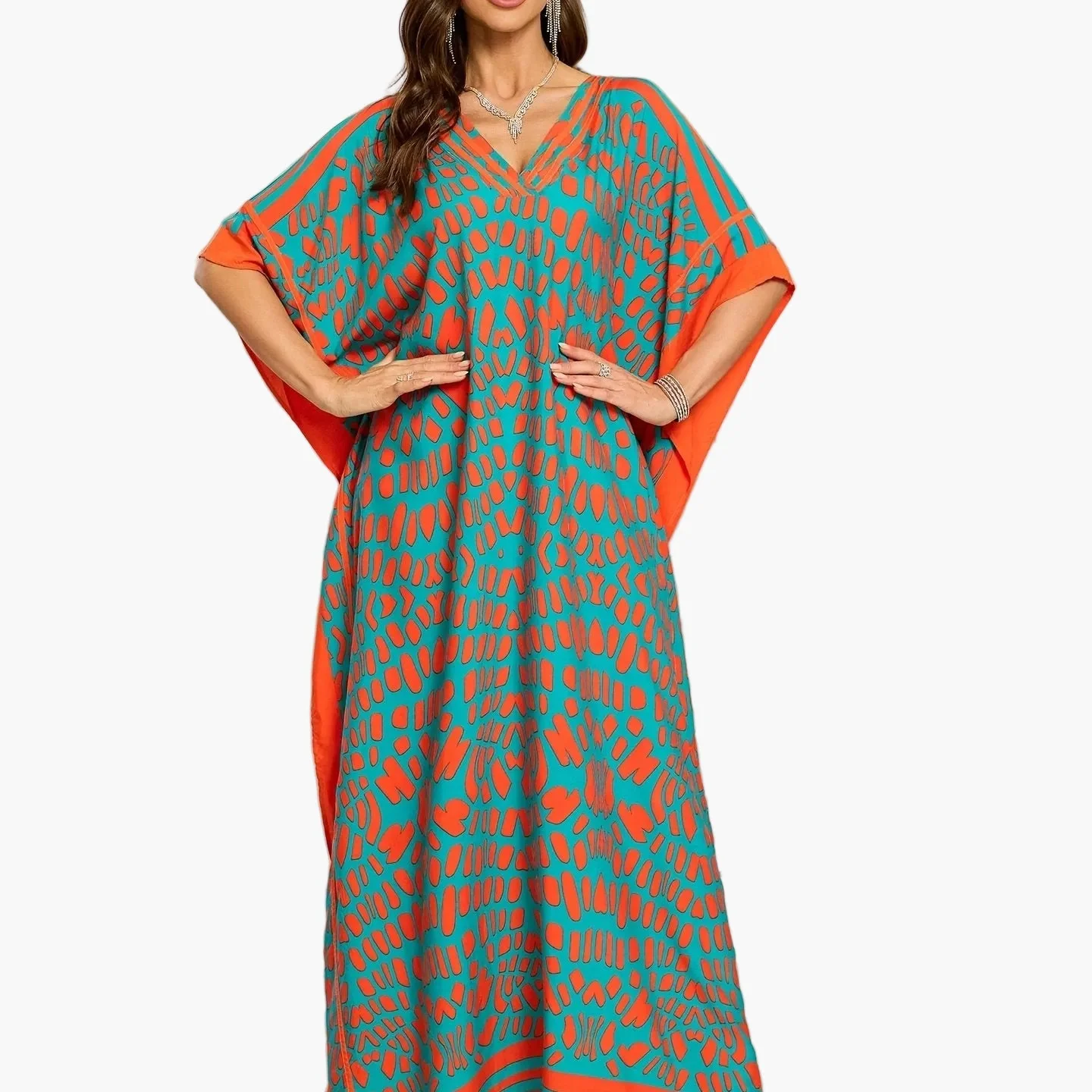 Damen Boho Kaftan Maxikleid mit V-Ausschnitt – Elegantes Freizeitkleid für Sommer und Urlaub - Image 7