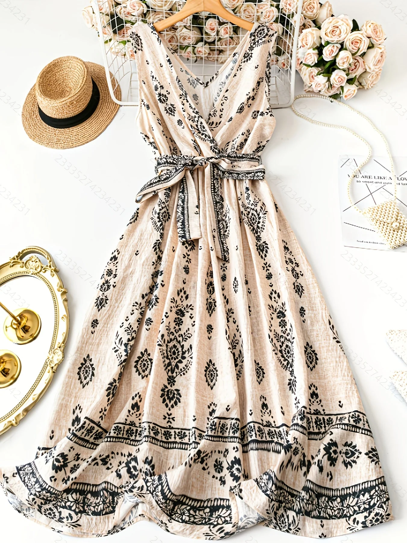 Damen Boho Maxikleid mit Gürtel und Blumenmuster – Elegantes Sommerkleid für Freizeit und Urlaub