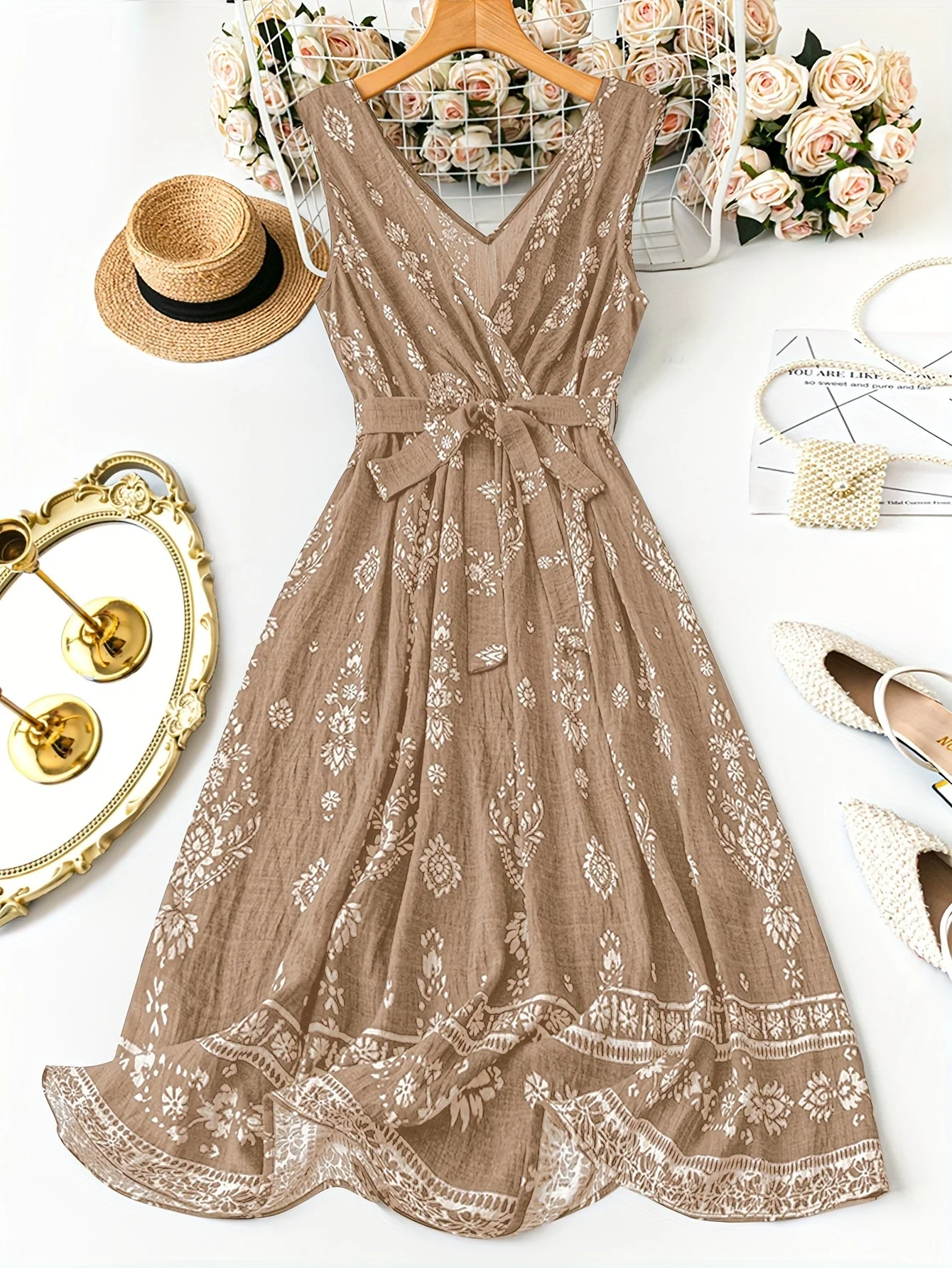 Damen Boho Maxikleid mit Gürtel und Blumenmuster – Elegantes Sommerkleid für Freizeit und Urlaub - Image 2