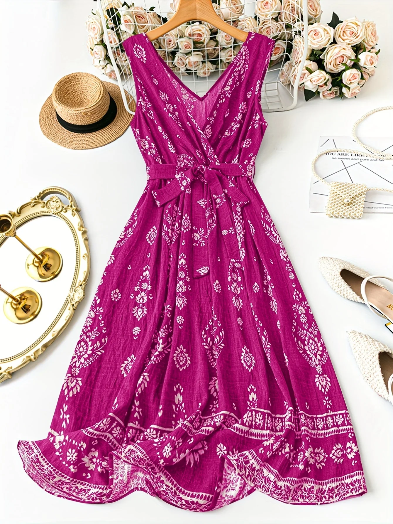 Damen Boho Maxikleid mit Gürtel und Blumenmuster – Elegantes Sommerkleid für Freizeit und Urlaub - Image 3