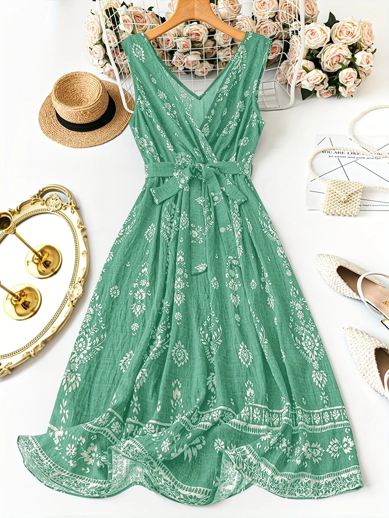 Damen Boho Maxikleid mit Gürtel und Blumenmuster – Elegantes Sommerkleid für Freizeit und Urlaub - Image 4