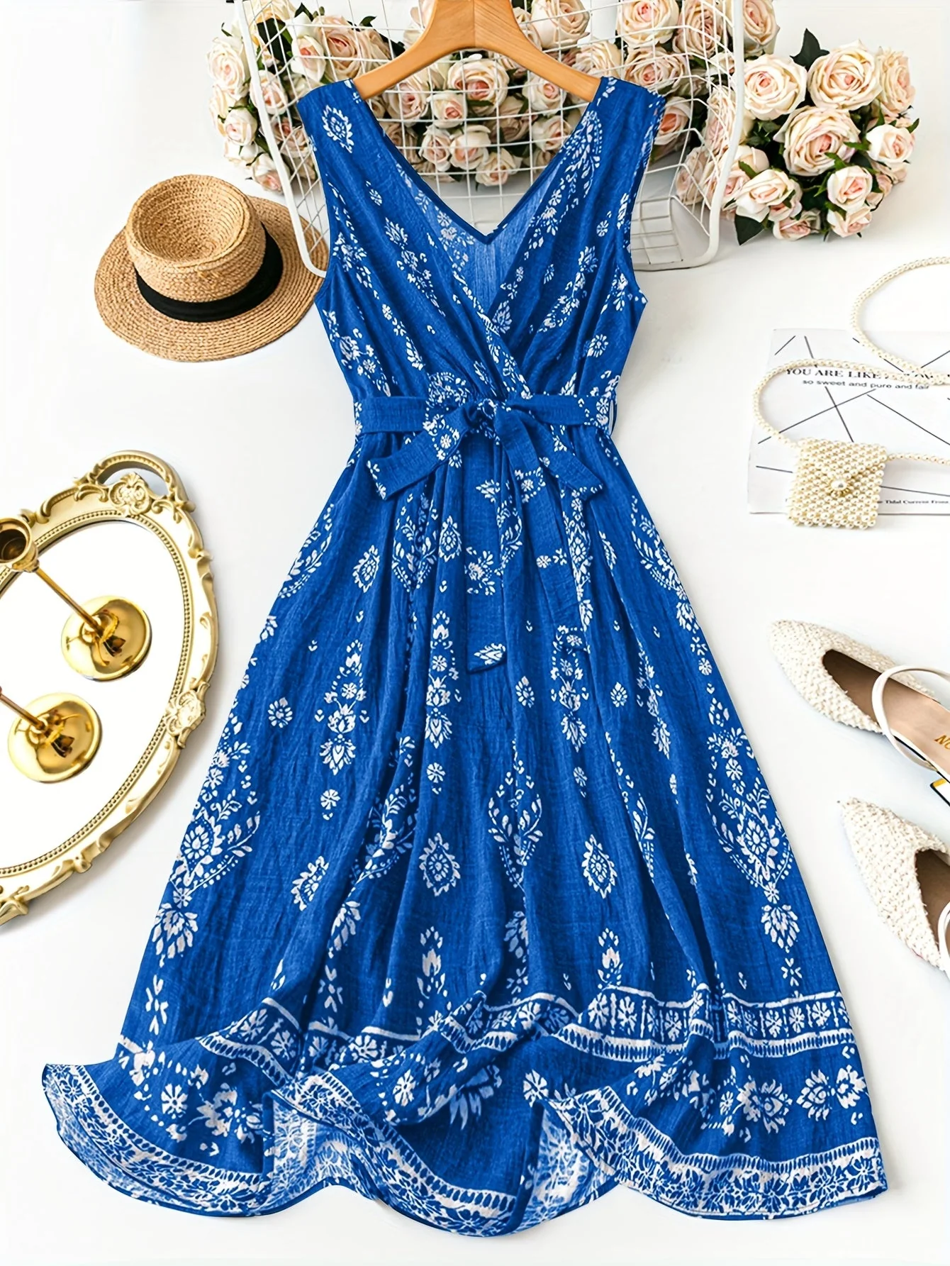 Damen Boho Maxikleid mit Gürtel und Blumenmuster – Elegantes Sommerkleid für Freizeit und Urlaub - Image 5