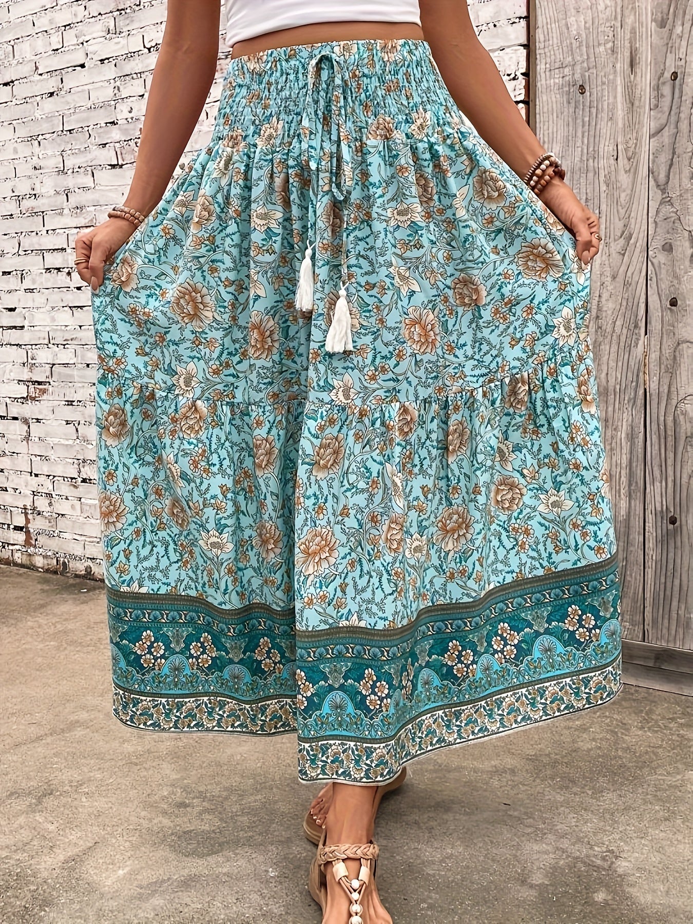 Damen Boho Maxirock mit Blumenmuster und Kordelzug – Eleganter Sommerrock für Freizeit und Urlaub