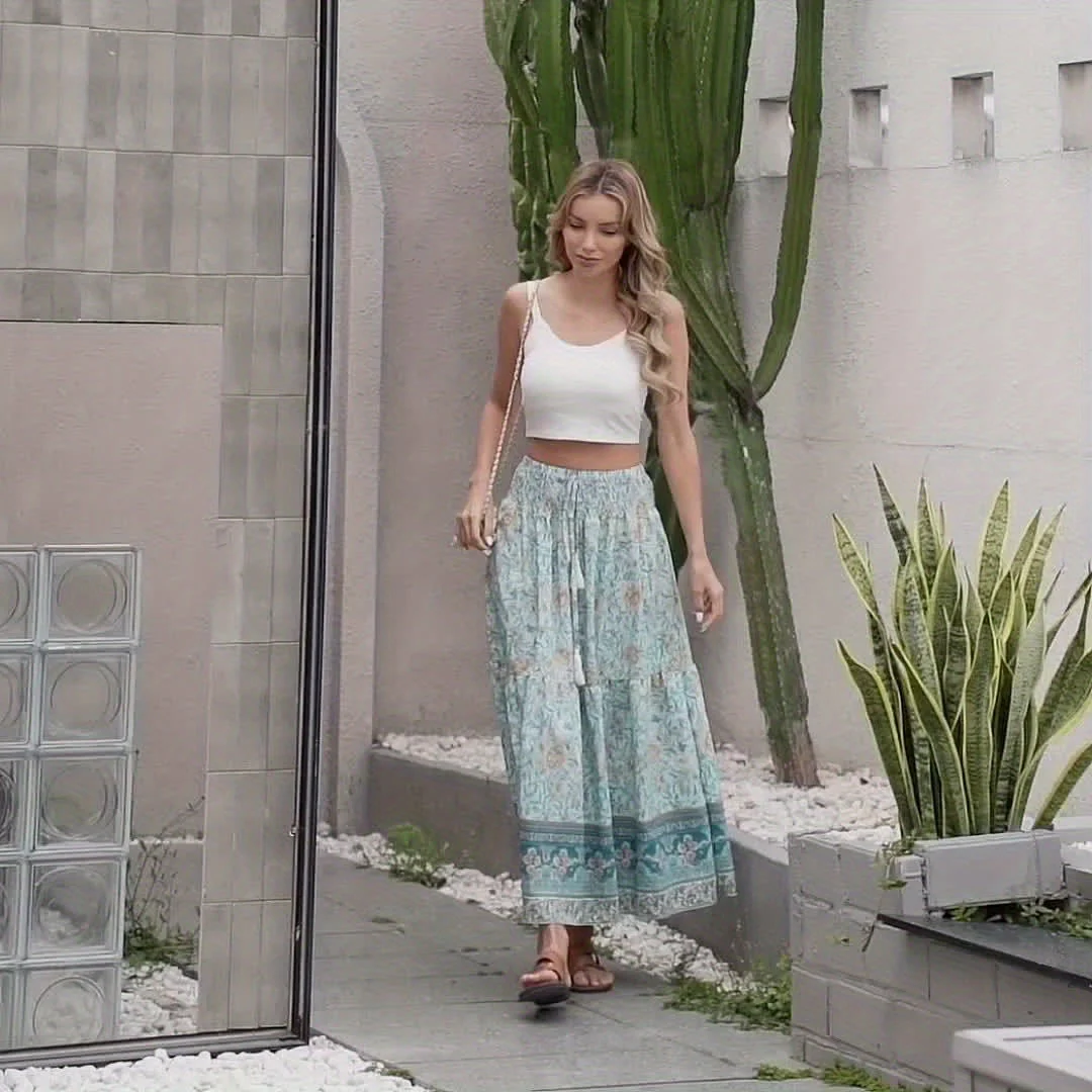 Damen Boho Maxirock mit Blumenmuster und Kordelzug – Eleganter Sommerrock für Freizeit und Urlaub - Image 11